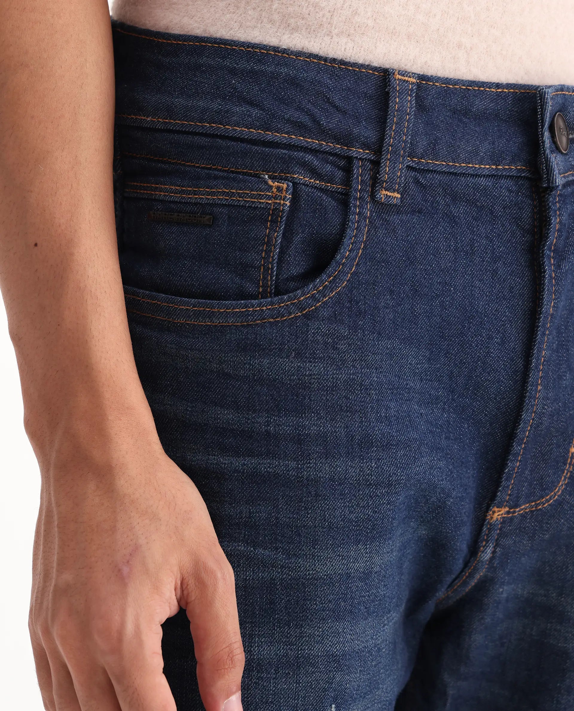 Rare Rabbit Men's Traingle Blue Cotton Blend Plain Morris Regular Fit Jeans