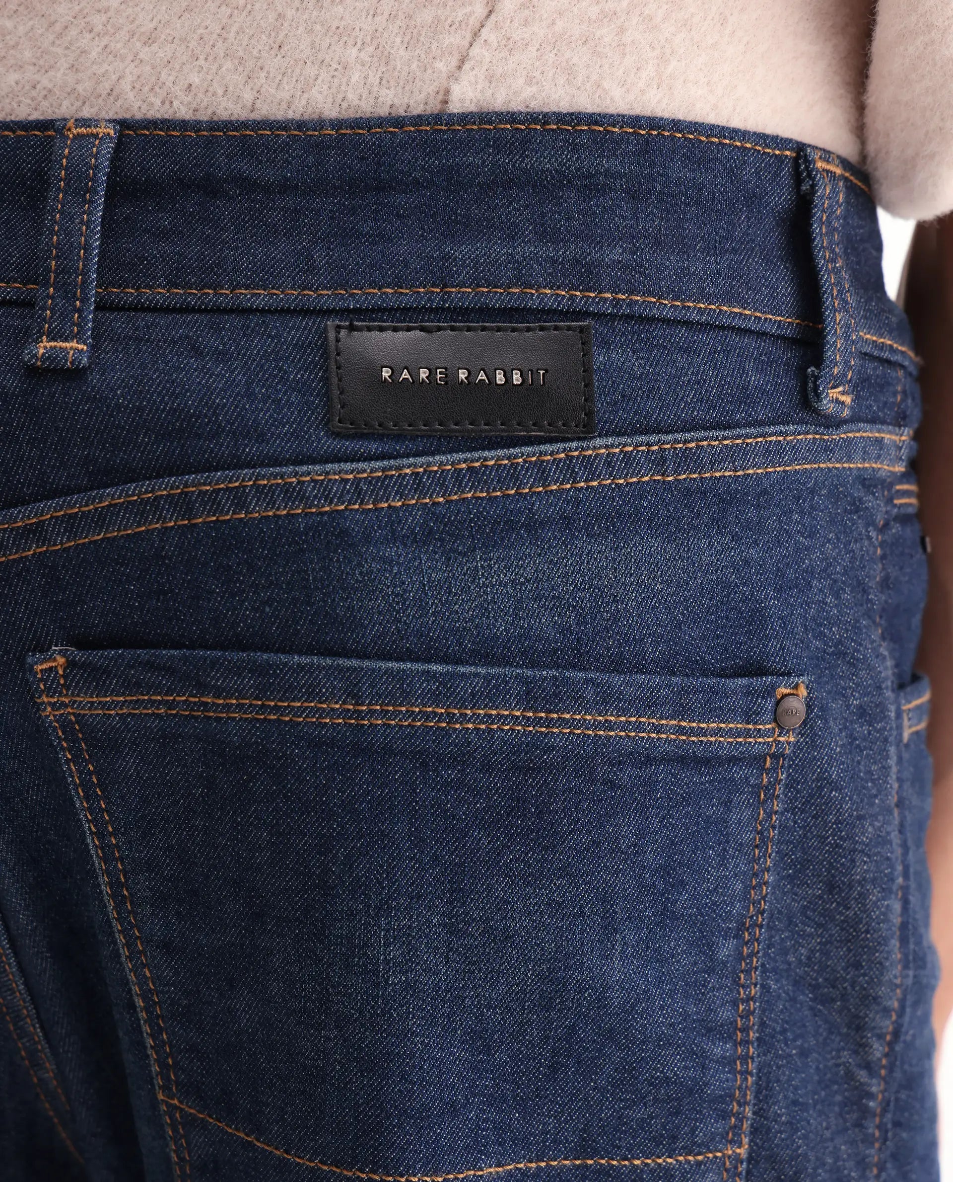 Rare Rabbit Men's Traingle Blue Cotton Blend Plain Morris Regular Fit Jeans