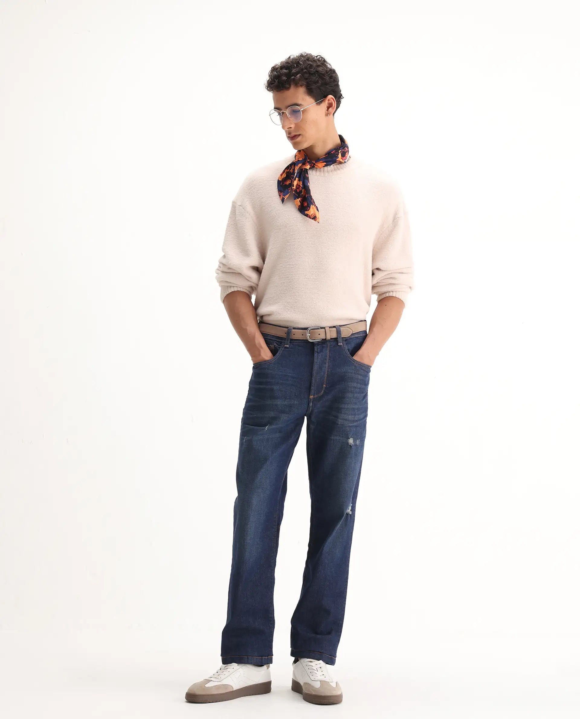 Rare Rabbit Men's Traingle Blue Cotton Blend Plain Morris Regular Fit Jeans