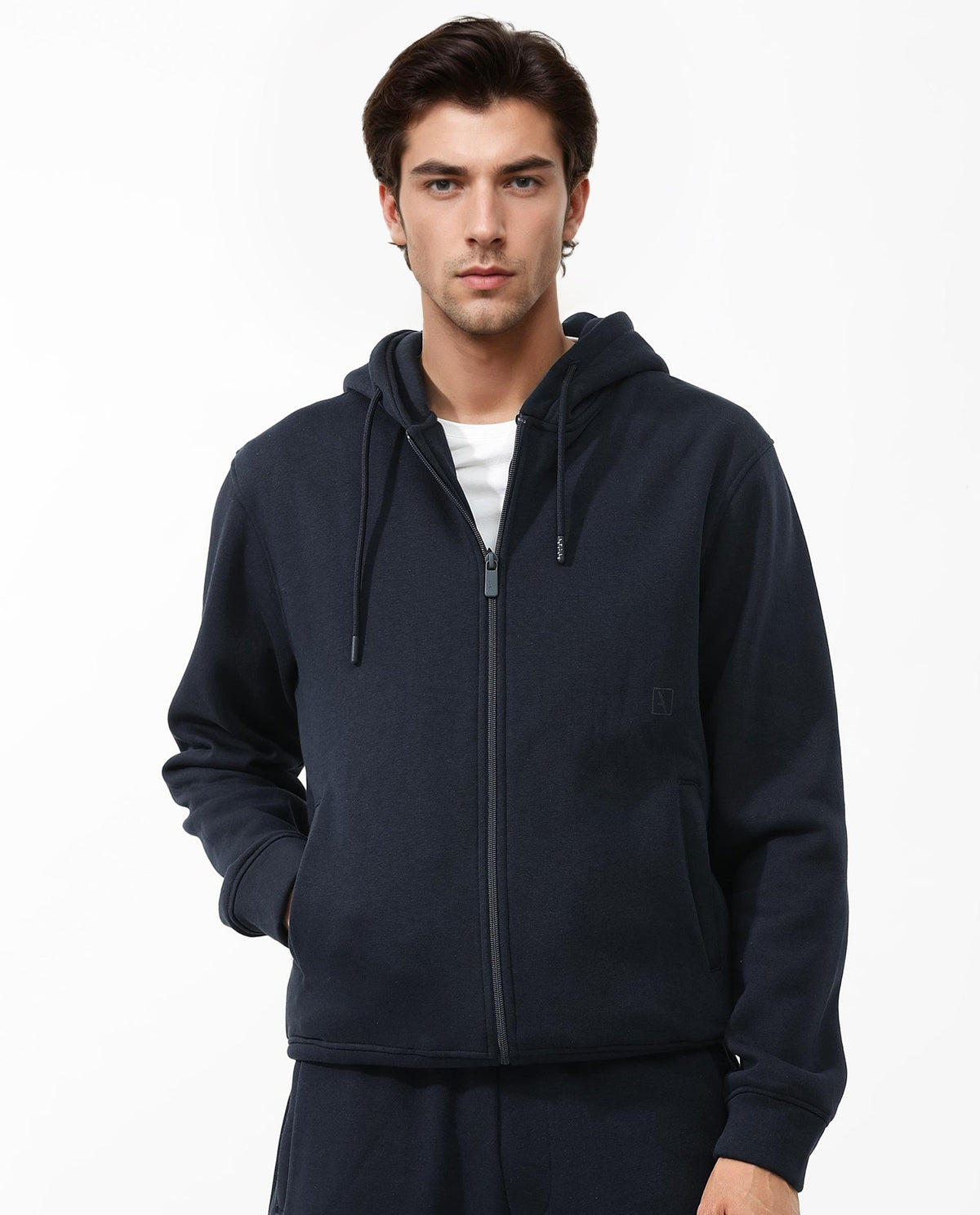 Rare Rabbit Men's Trood Navy Cotton Fabric Full Sleeves Zip Closure Regular Fit Solid Hooded Sweatshirt