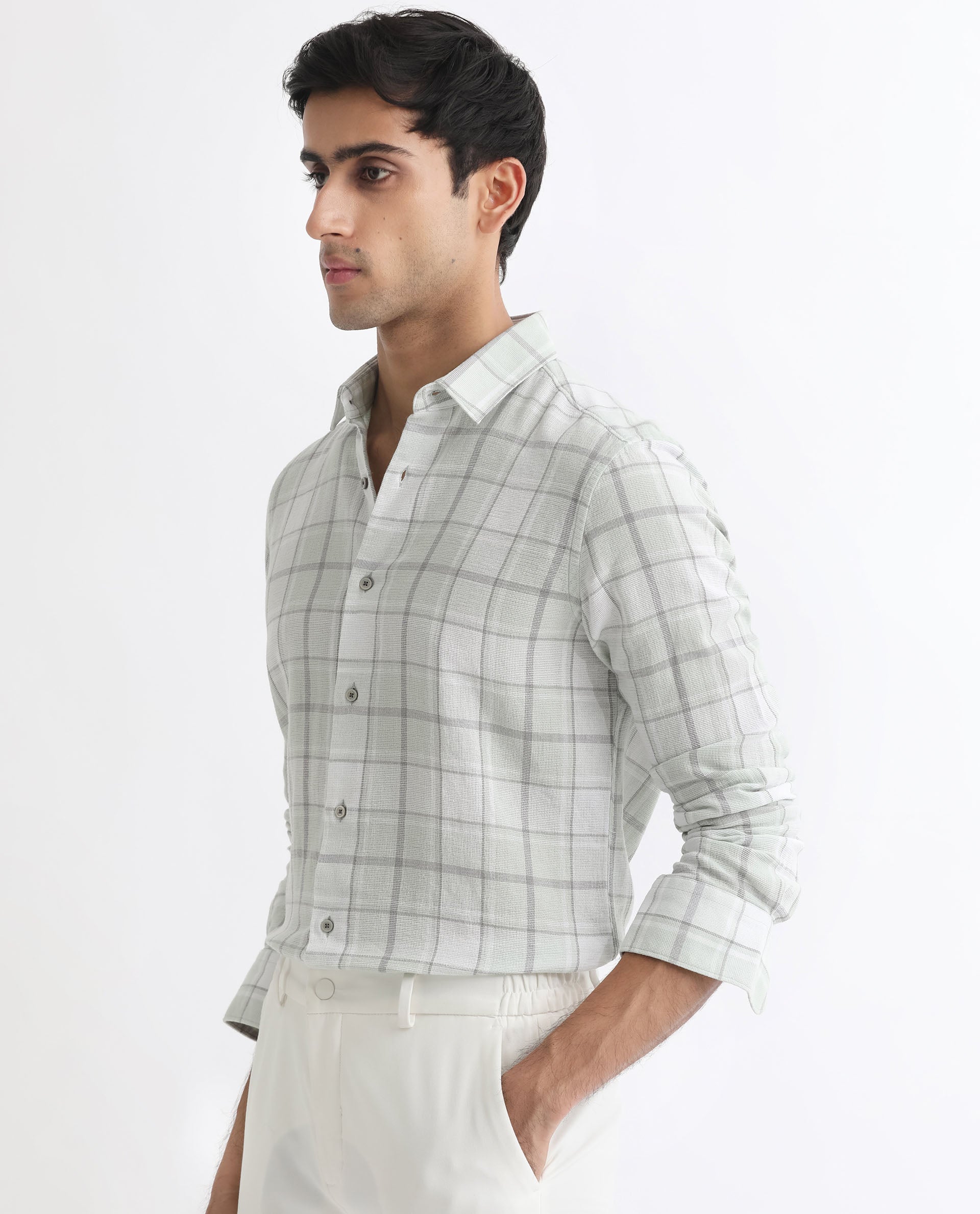 Rare Rabbit Men's Tropea Light Green Cotton Fabric Full Sleeves Checks Shirt