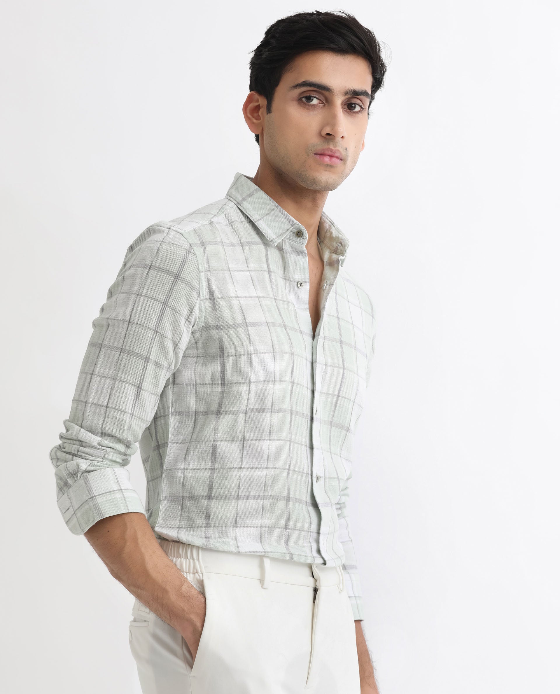 Rare Rabbit Men's Tropea Light Green Cotton Fabric Full Sleeves Checks Shirt