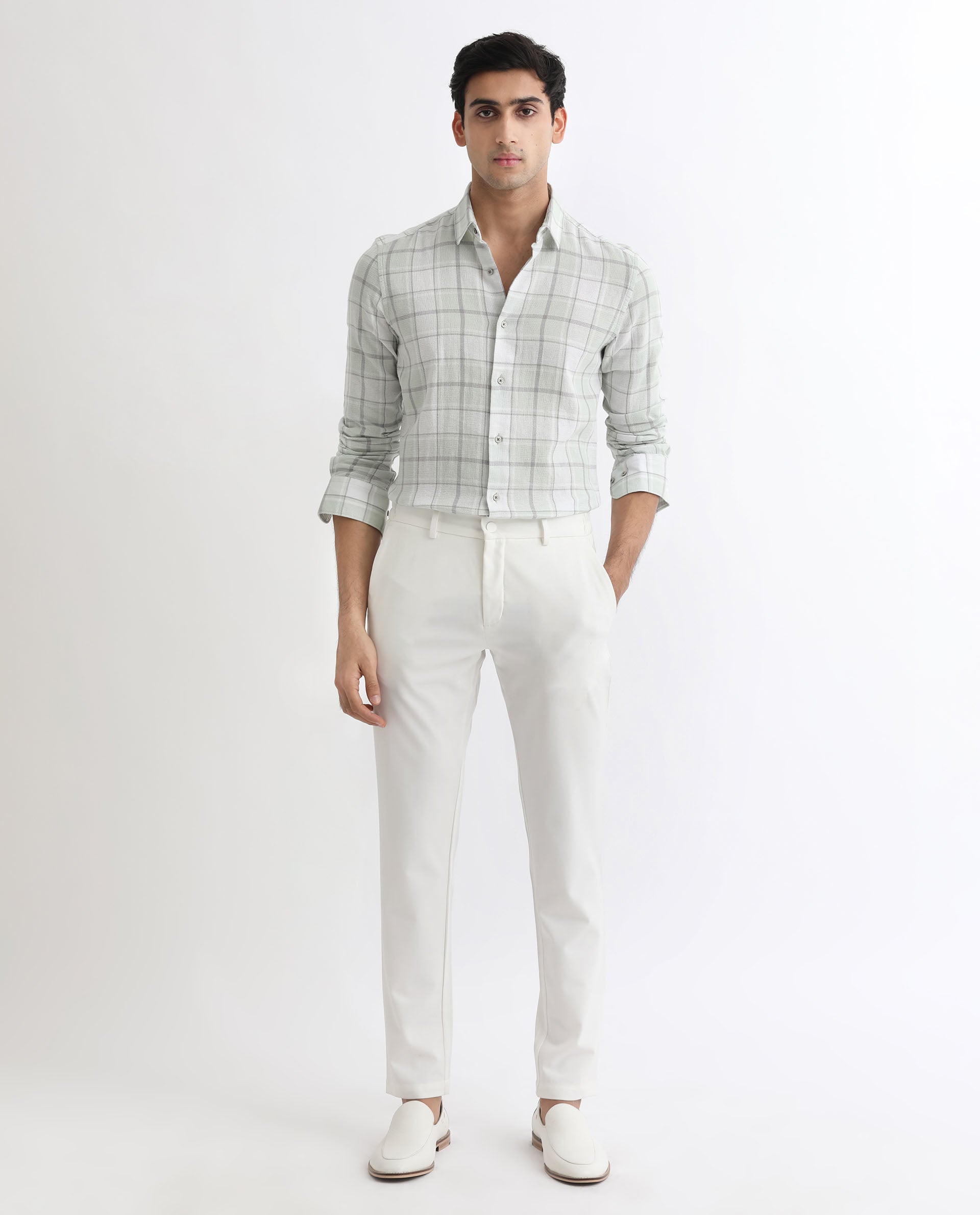 Rare Rabbit Men's Tropea Light Green Cotton Fabric Full Sleeves Checks Shirt