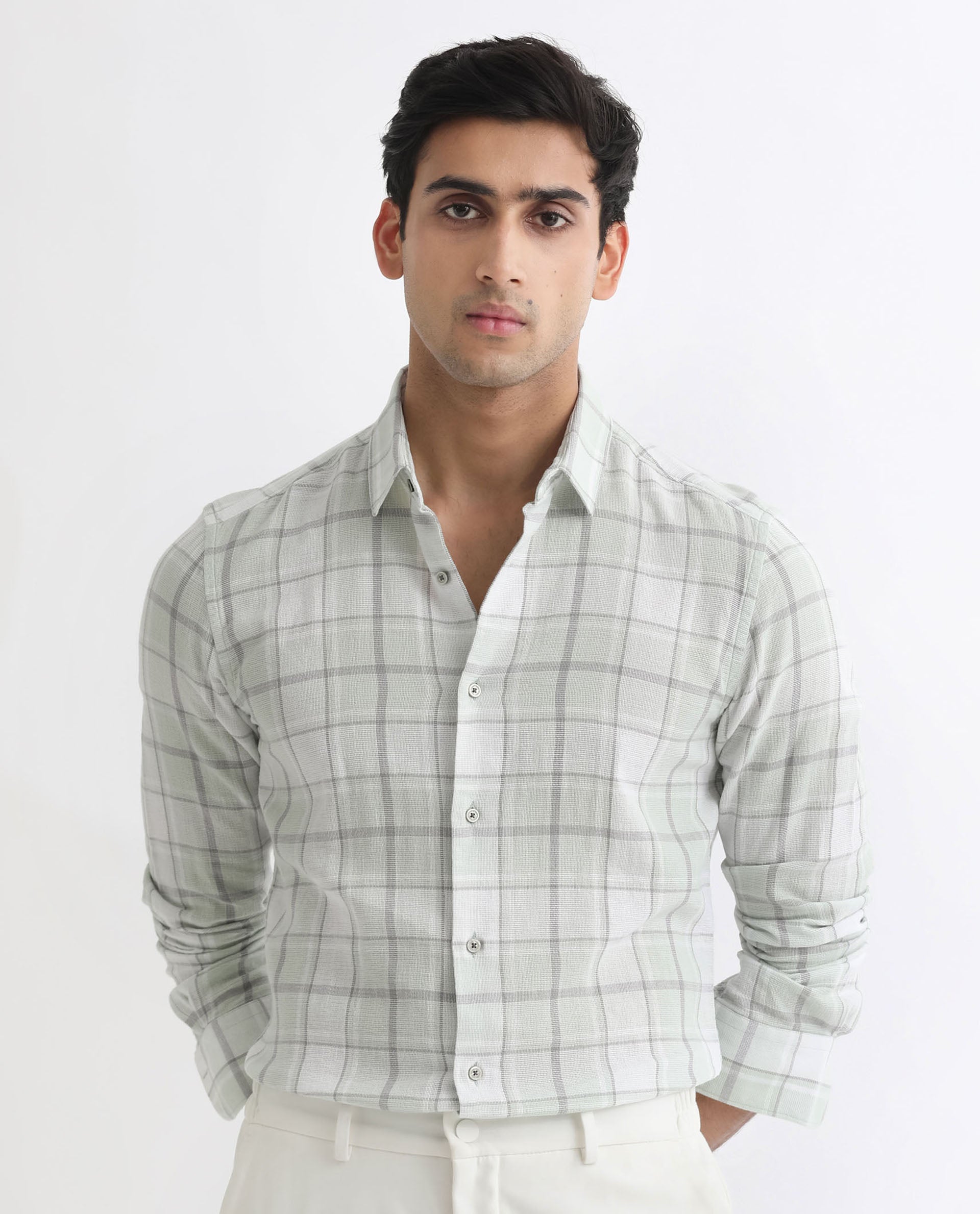 Rare Rabbit Men's Tropea Light Green Cotton Fabric Full Sleeves Checks Shirt