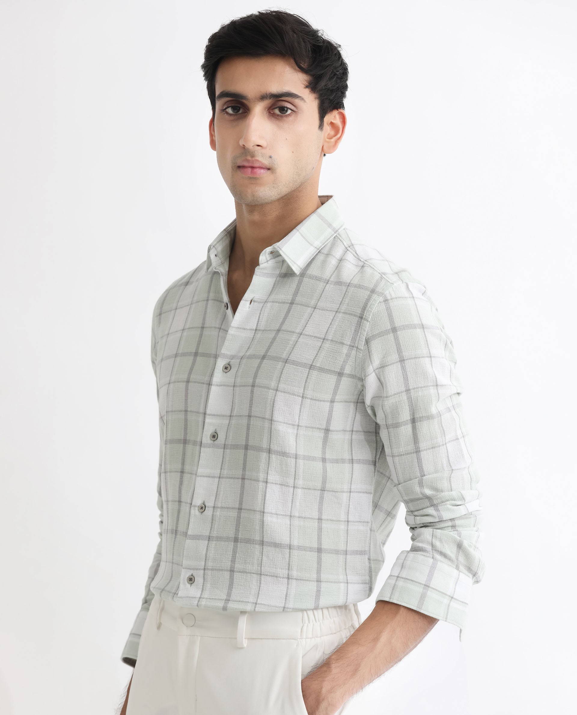 Rare Rabbit Men's Tropea Light Green Cotton Fabric Full Sleeves Checks Shirt