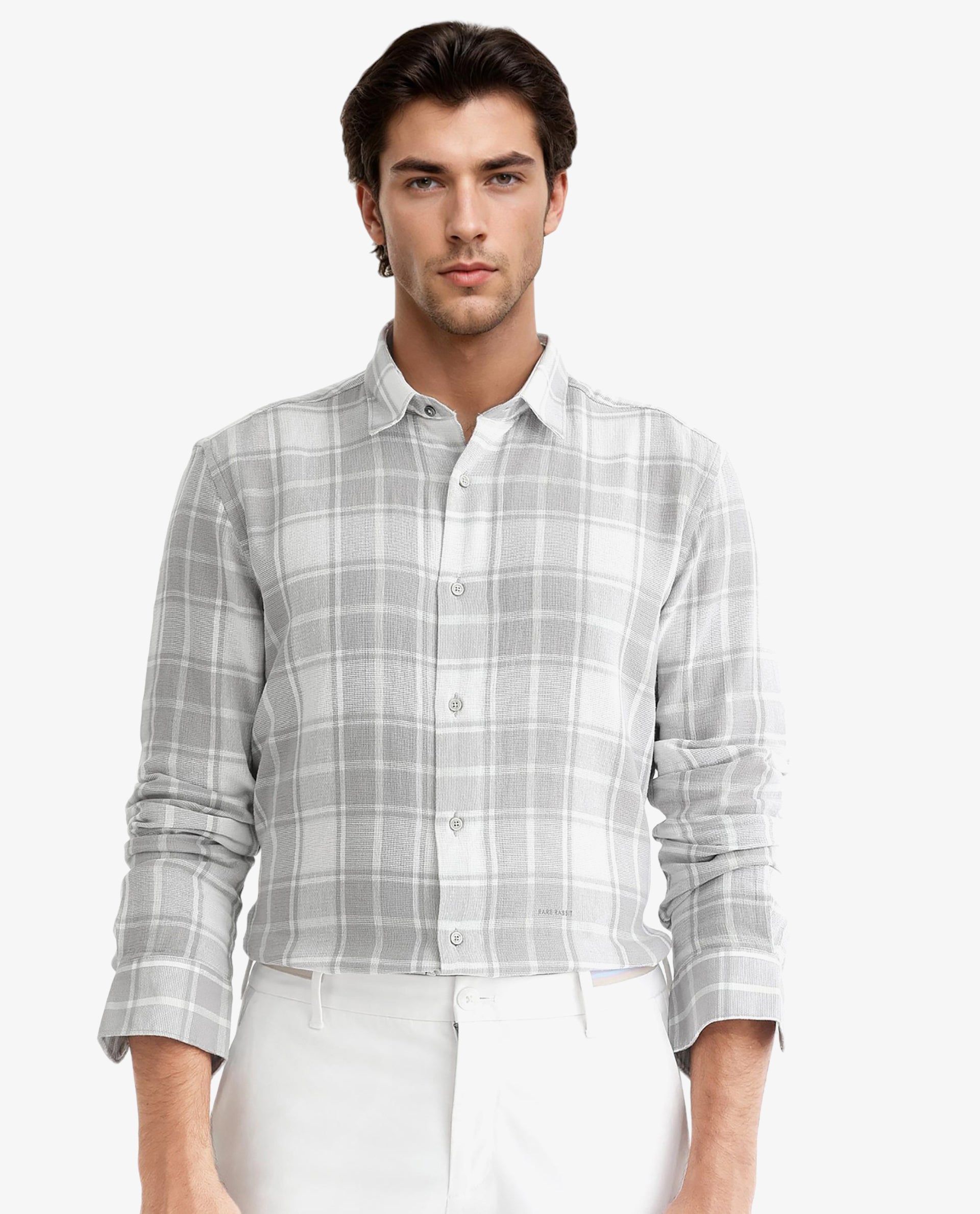 Rare Rabbit Men's Tropea Light Grey Cotton Fabric Full Sleeves Checks Shirt