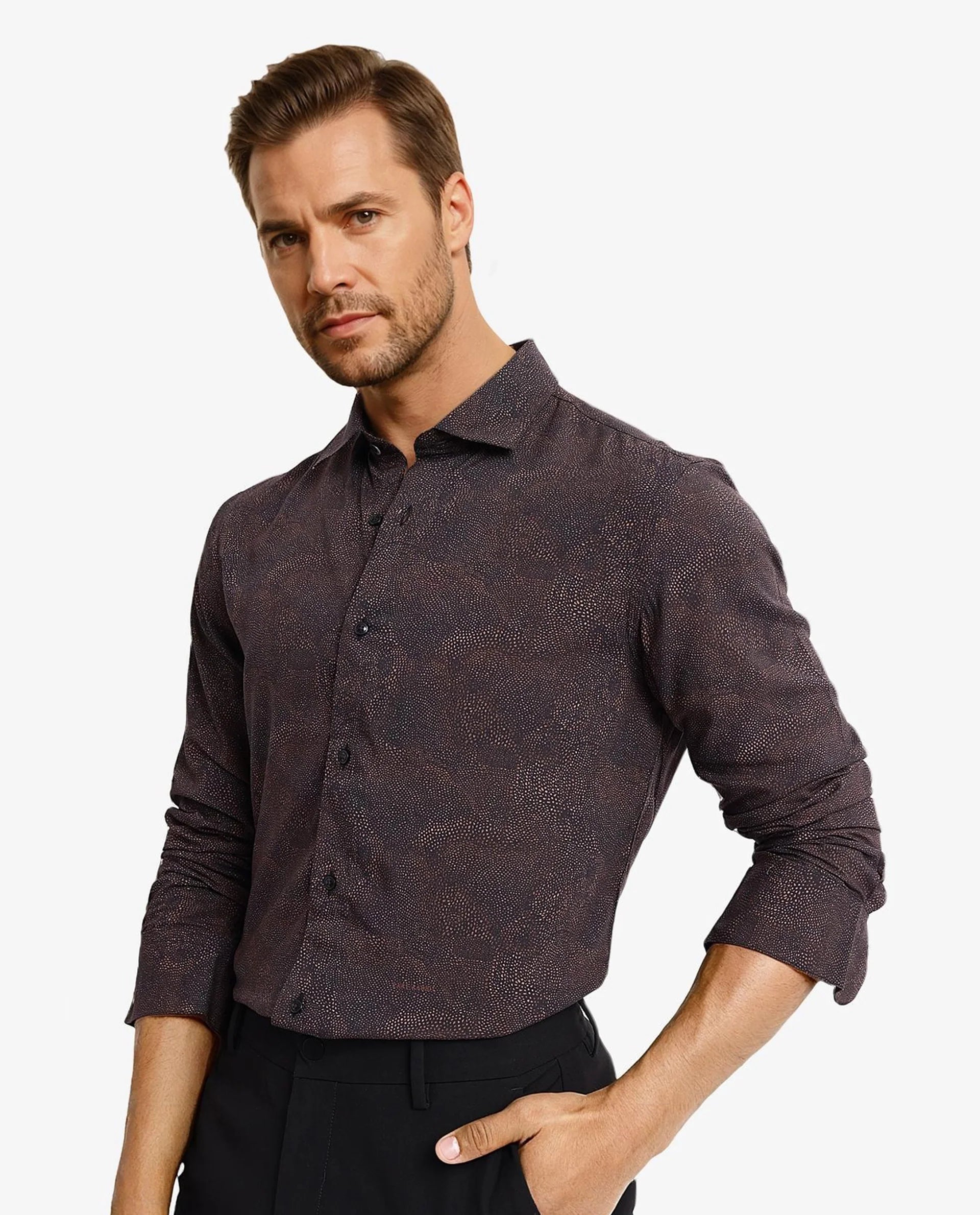 Rare Rabbit Men's Troyen Black Viscose Fabric Regular Collar Full Sleeve Regular Fit Geometric Print Shirt