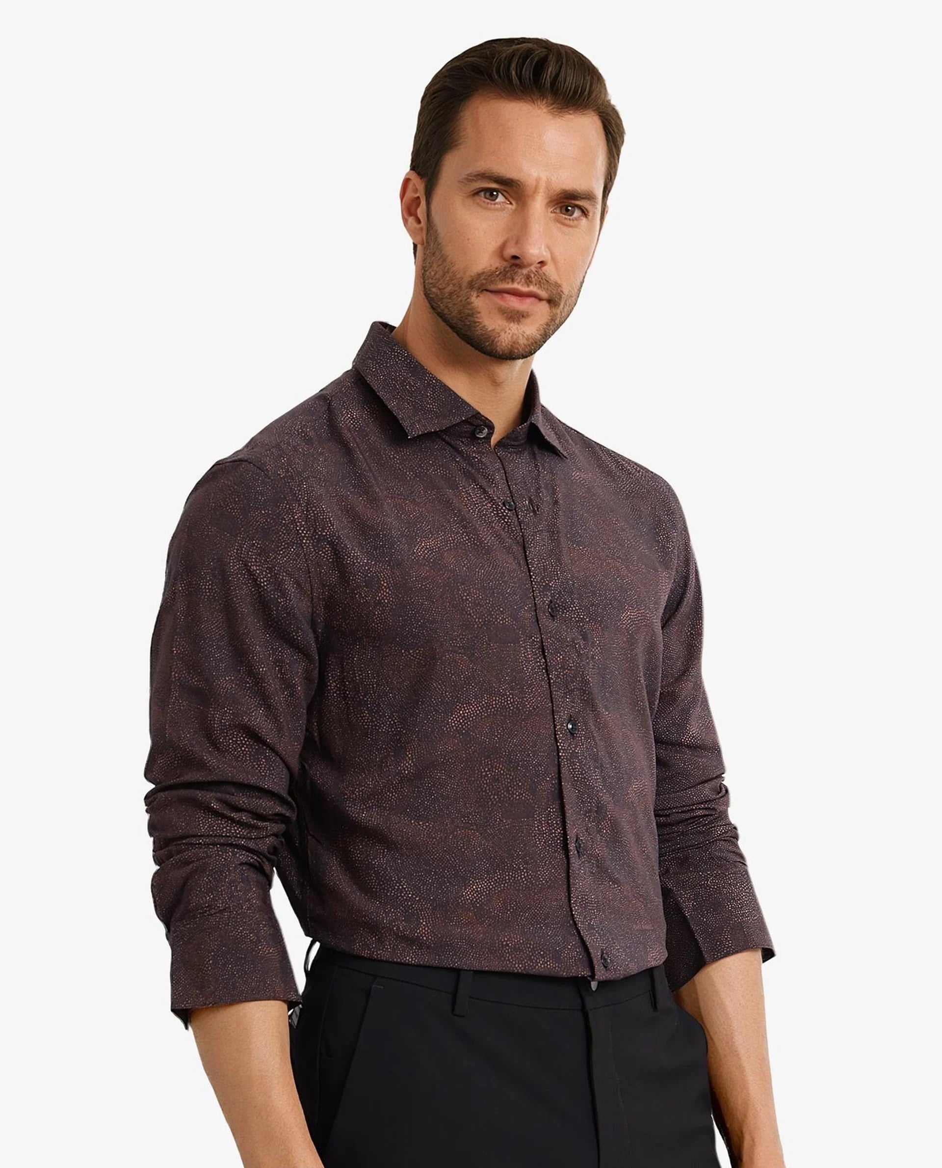 Rare Rabbit Men's Troyen Black Viscose Fabric Regular Collar Full Sleeve Regular Fit Geometric Print Shirt