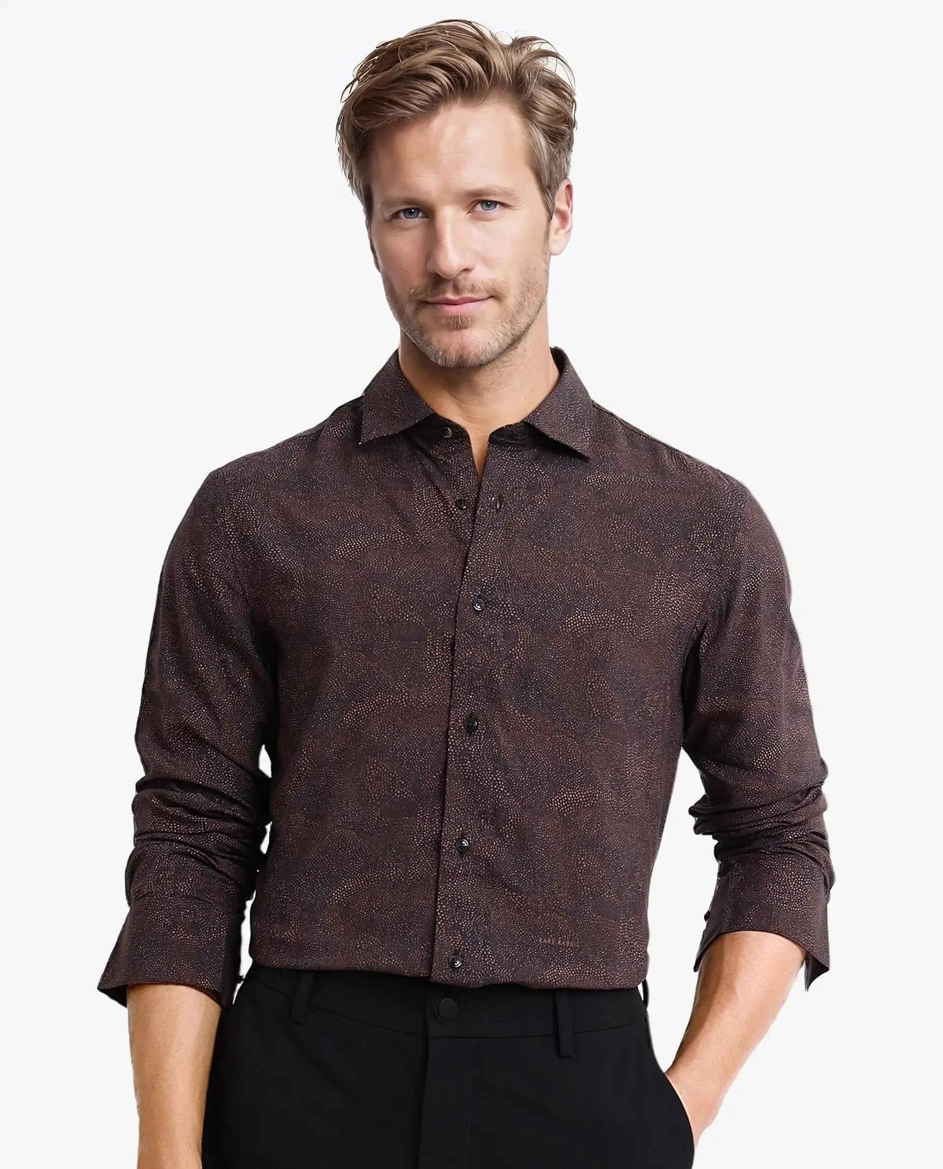 Rare Rabbit Men's Troyen Black Viscose Fabric Regular Collar Full Sleeve Regular Fit Geometric Print Shirt