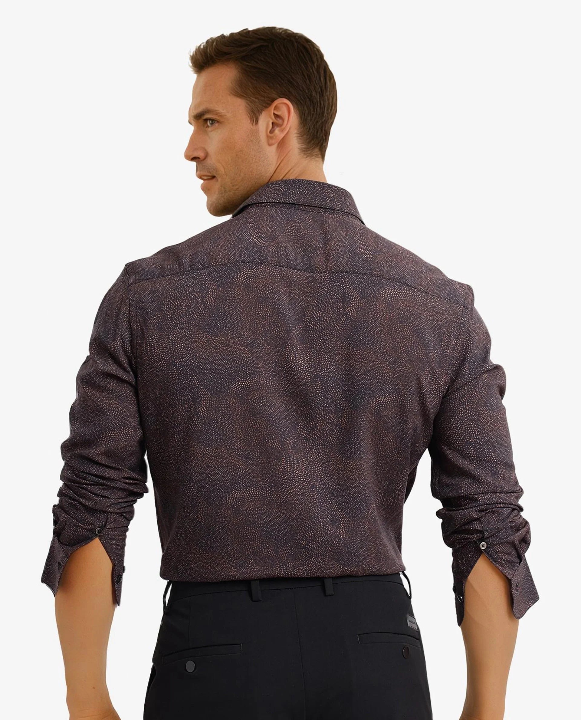 Rare Rabbit Men's Troyen Black Viscose Fabric Regular Collar Full Sleeve Regular Fit Geometric Print Shirt