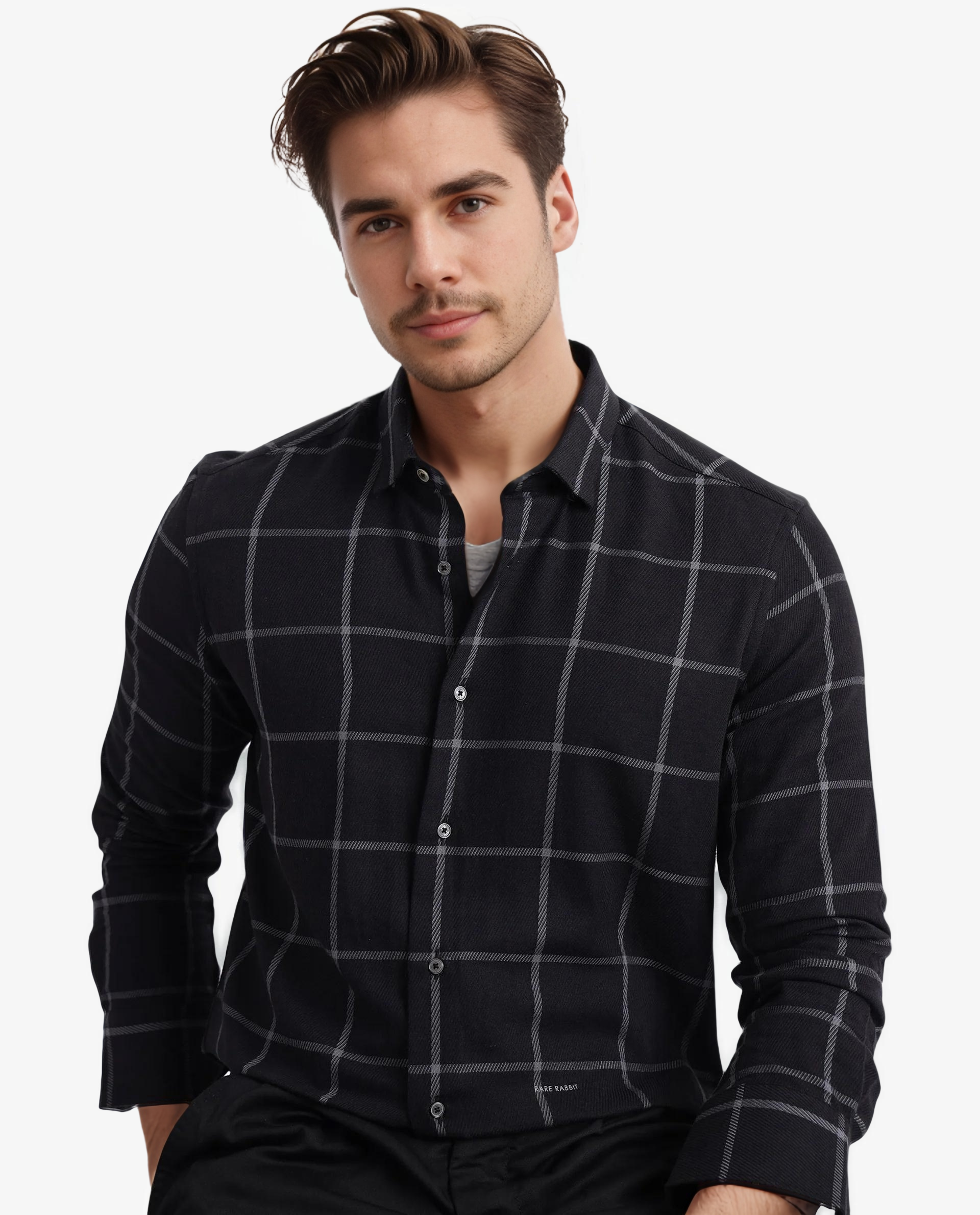Rare Rabbit Men Tuffah Black Cotton Fabric Full Sleeve Regular Fit Twill Checks Shirt