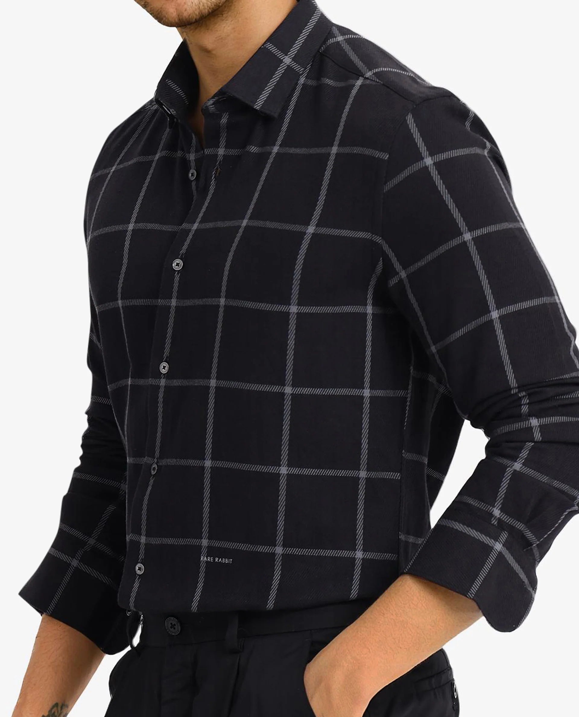 Rare Rabbit Men Tuffah Black Cotton Fabric Full Sleeve Regular Fit Twill Checks Shirt