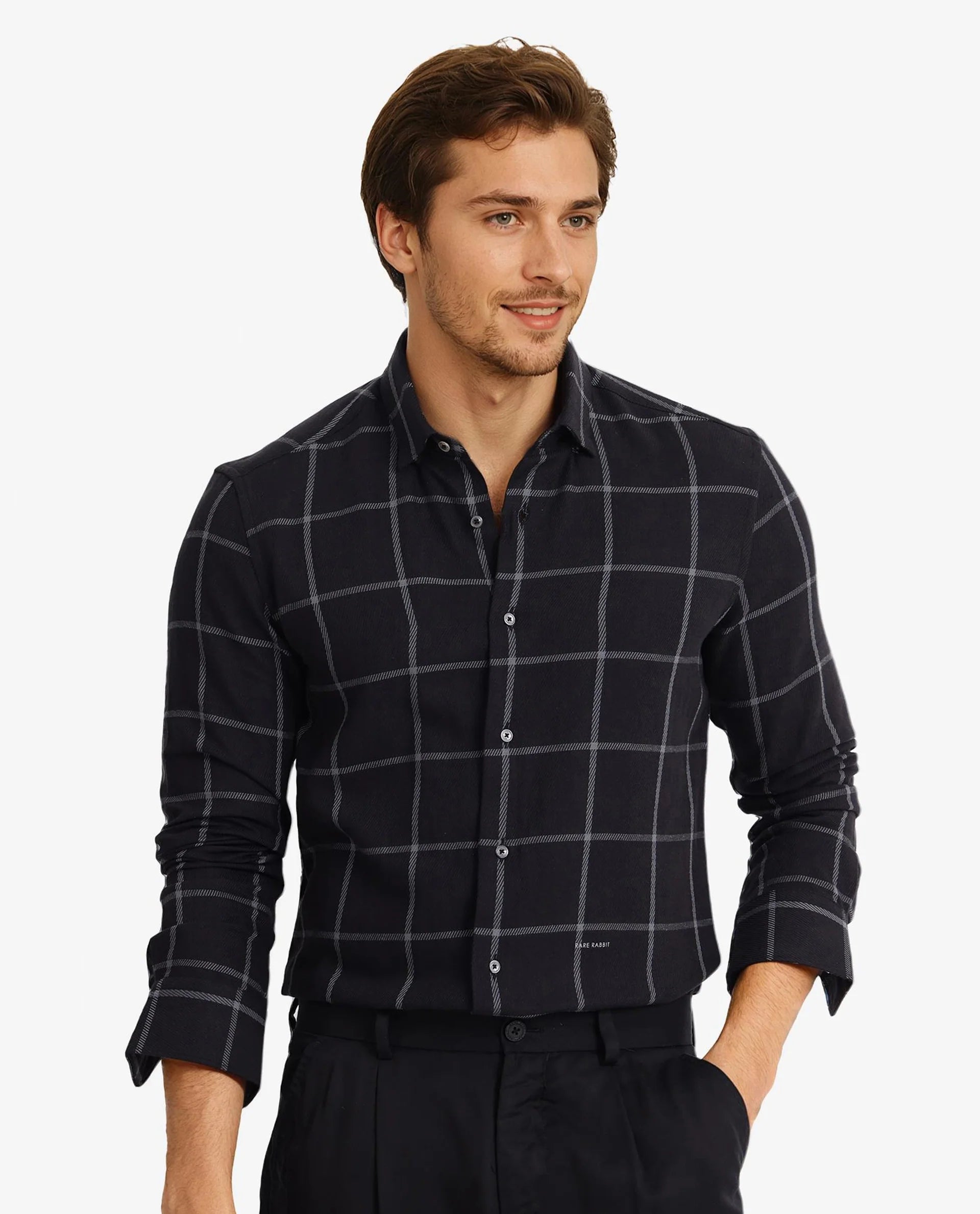 Rare Rabbit Men Tuffah Black Cotton Fabric Full Sleeve Regular Fit Twill Checks Shirt