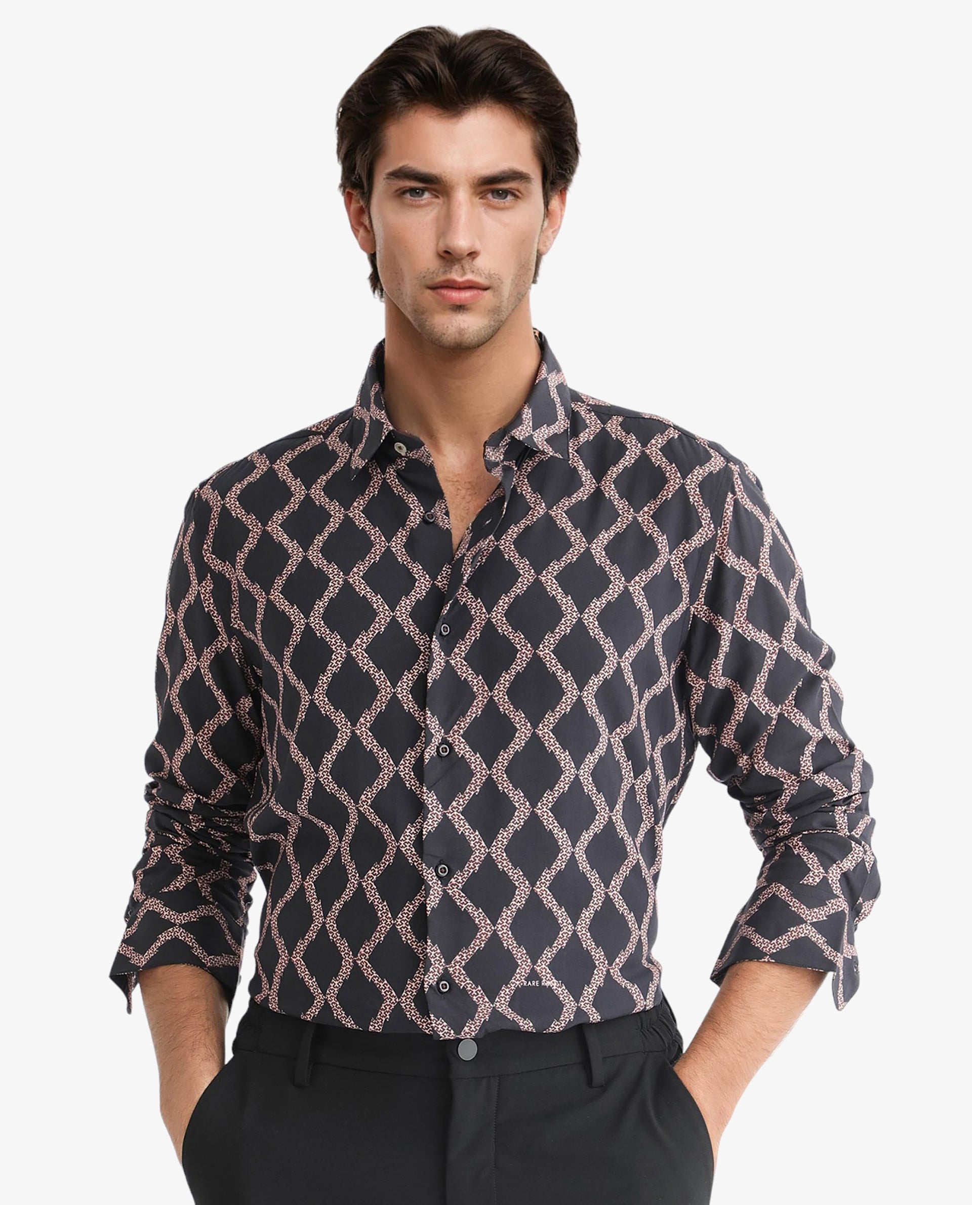Rare Rabbit Men's Tulsa Black Viscose Fabric Geometric Print Full Sleeves Shirt
