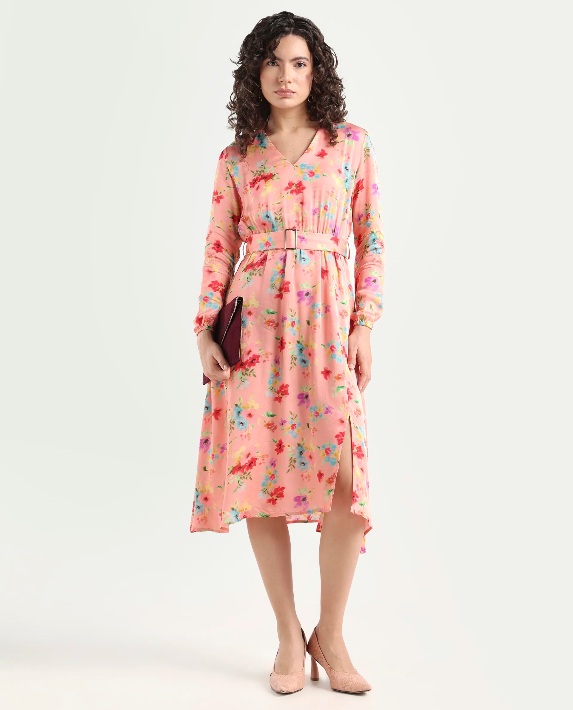 Rareism Women's Tuna Peach Viscose Blend V-Neck Floral Print Knee Length Regular Fit Dress