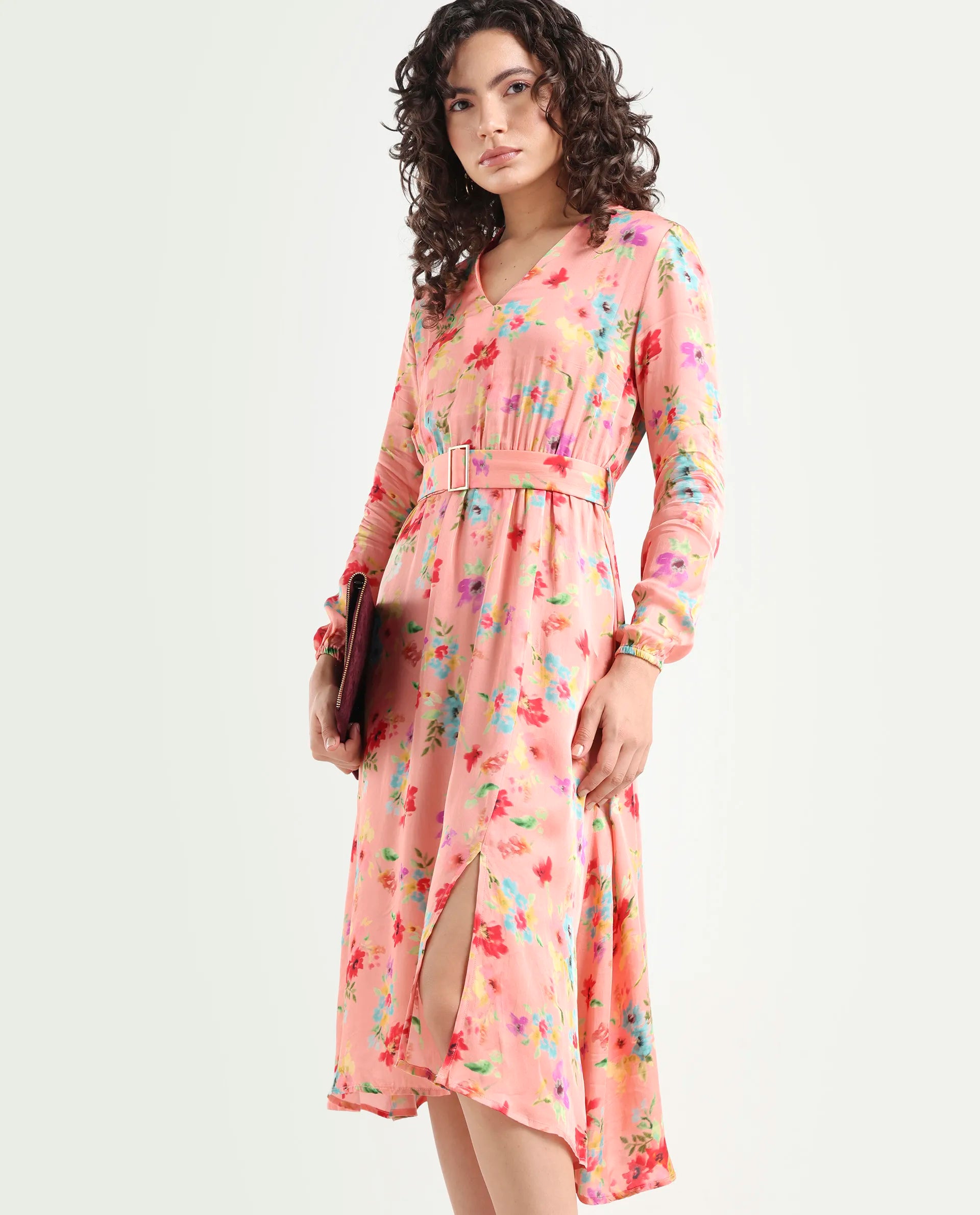 Rareism Women's Tuna Peach Viscose Blend V-Neck Floral Print Knee Length Regular Fit Dress