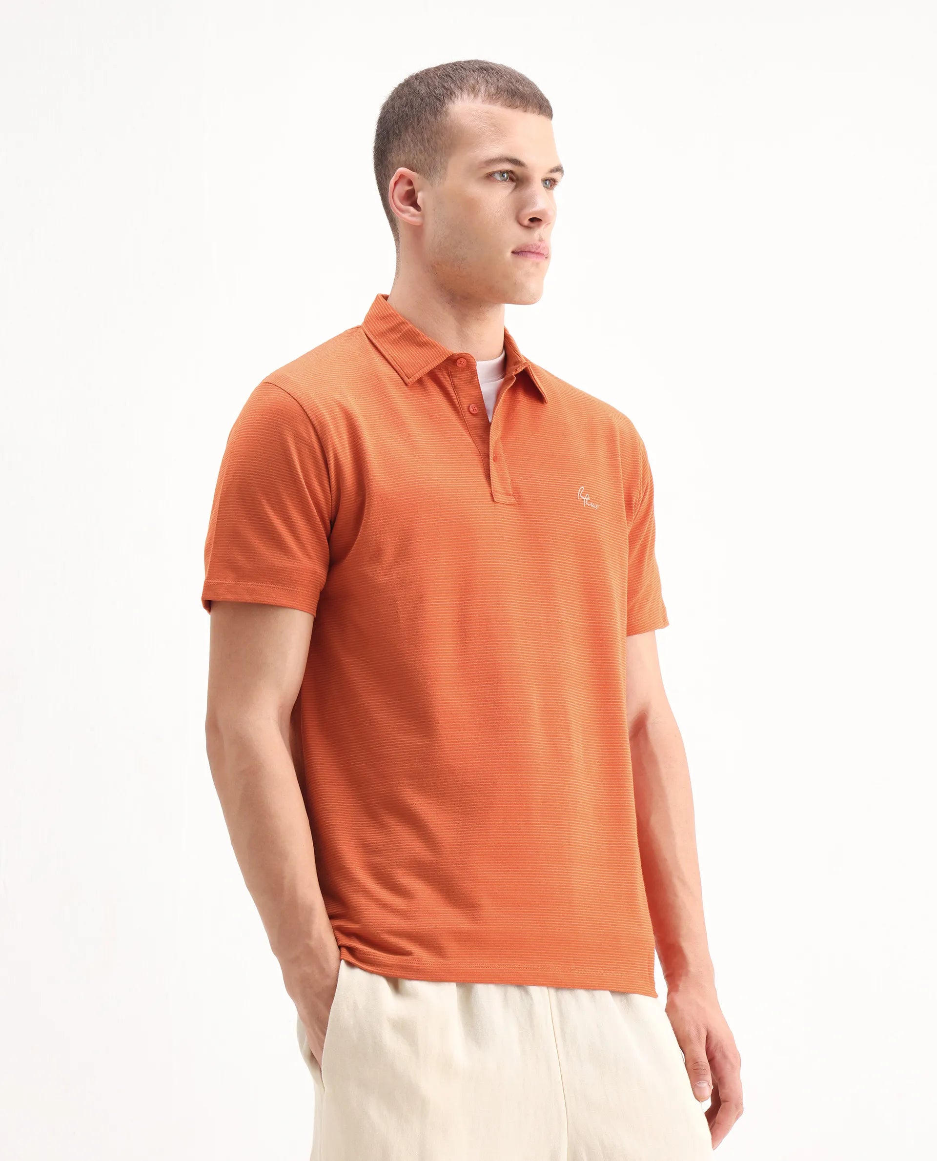 Rare Rabbit Men's Tunas Dark Rust Cotton Striped Print Regular Fit Half Sleeve Polo