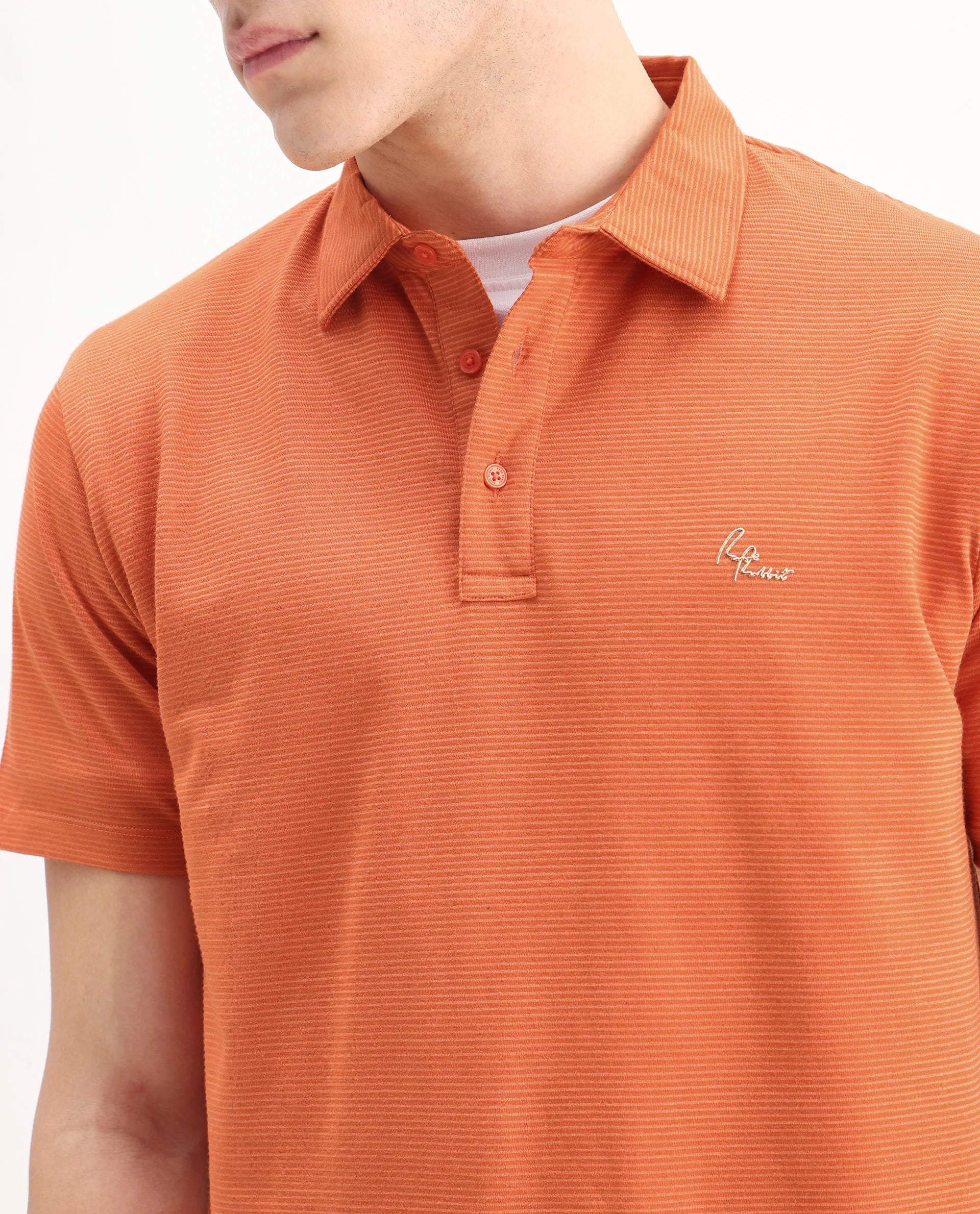 Rare Rabbit Men's Tunas Dark Rust Cotton Striped Print Regular Fit Half Sleeve Polo