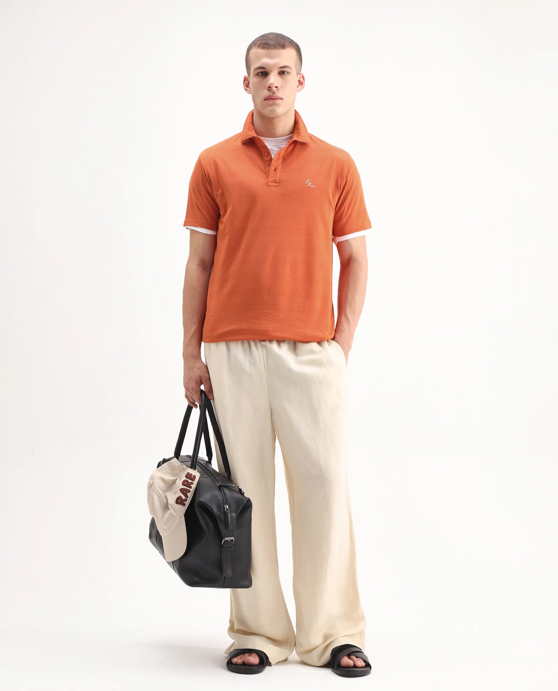 Rare Rabbit Men's Tunas Dark Rust Cotton Striped Print Regular Fit Half Sleeve Polo