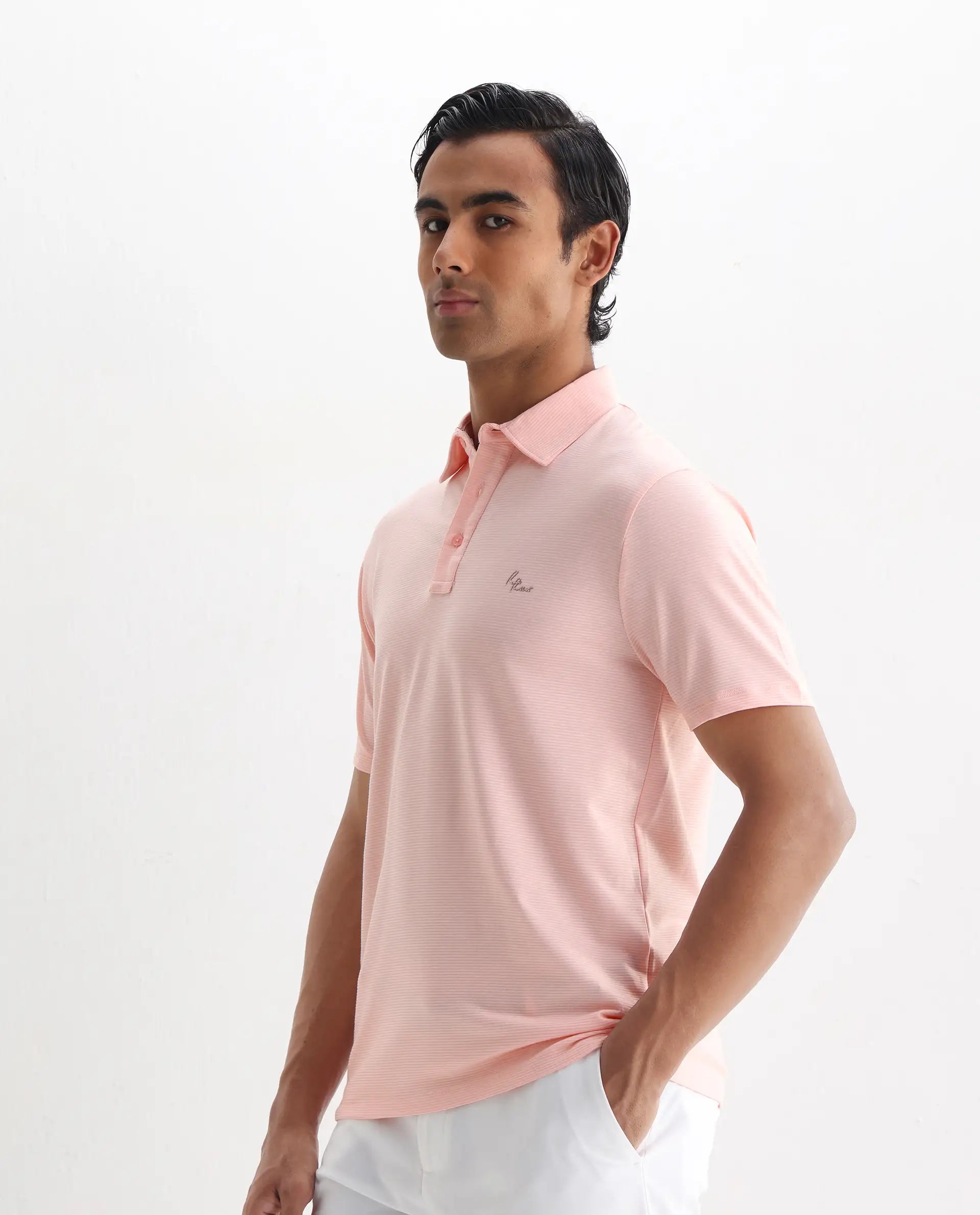 Rare Rabbit Men's Tunas Light Pink Cotton Striped Print Regular Fit Half Sleeve Polo