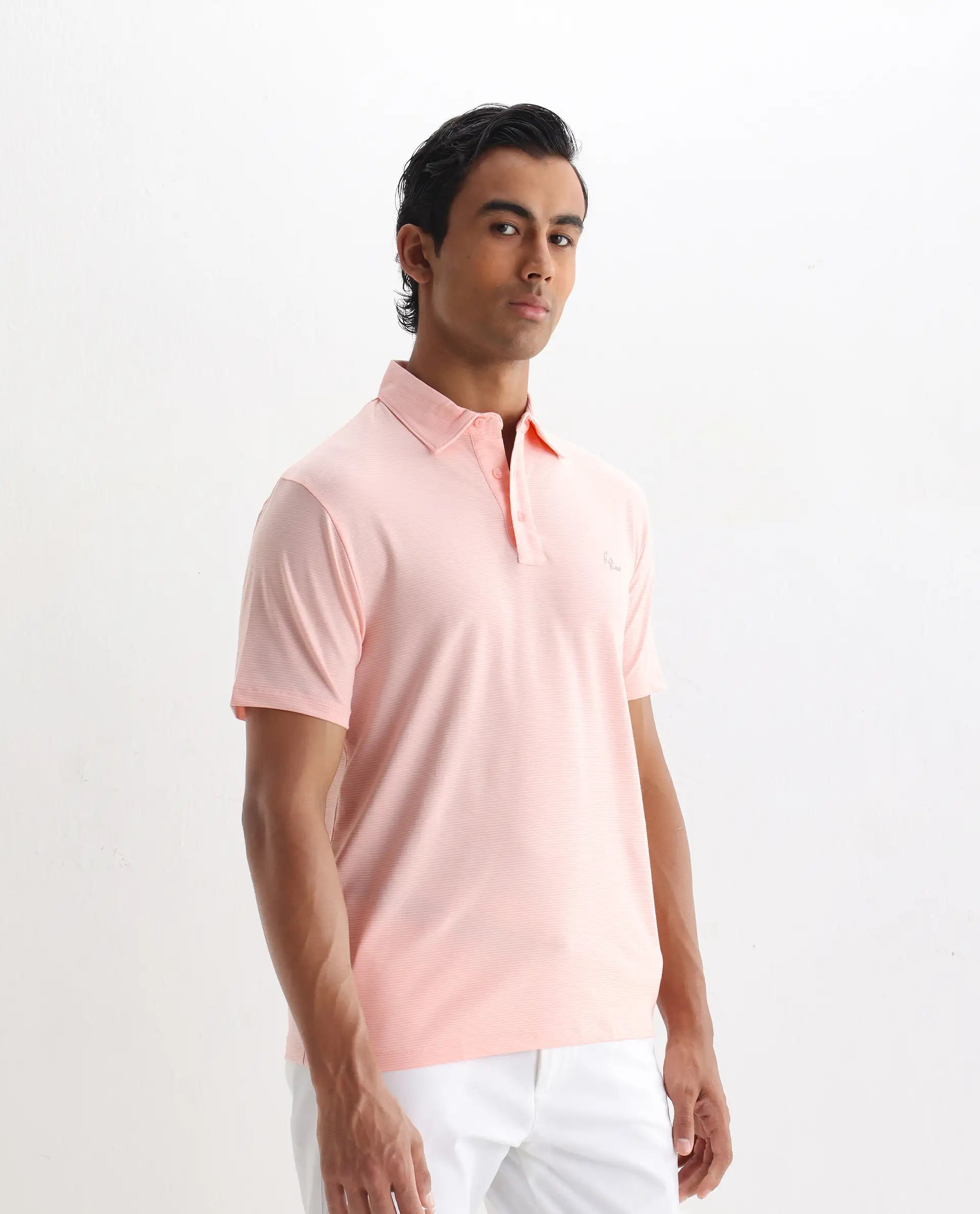 Rare Rabbit Men's Tunas Light Pink Cotton Striped Print Regular Fit Half Sleeve Polo