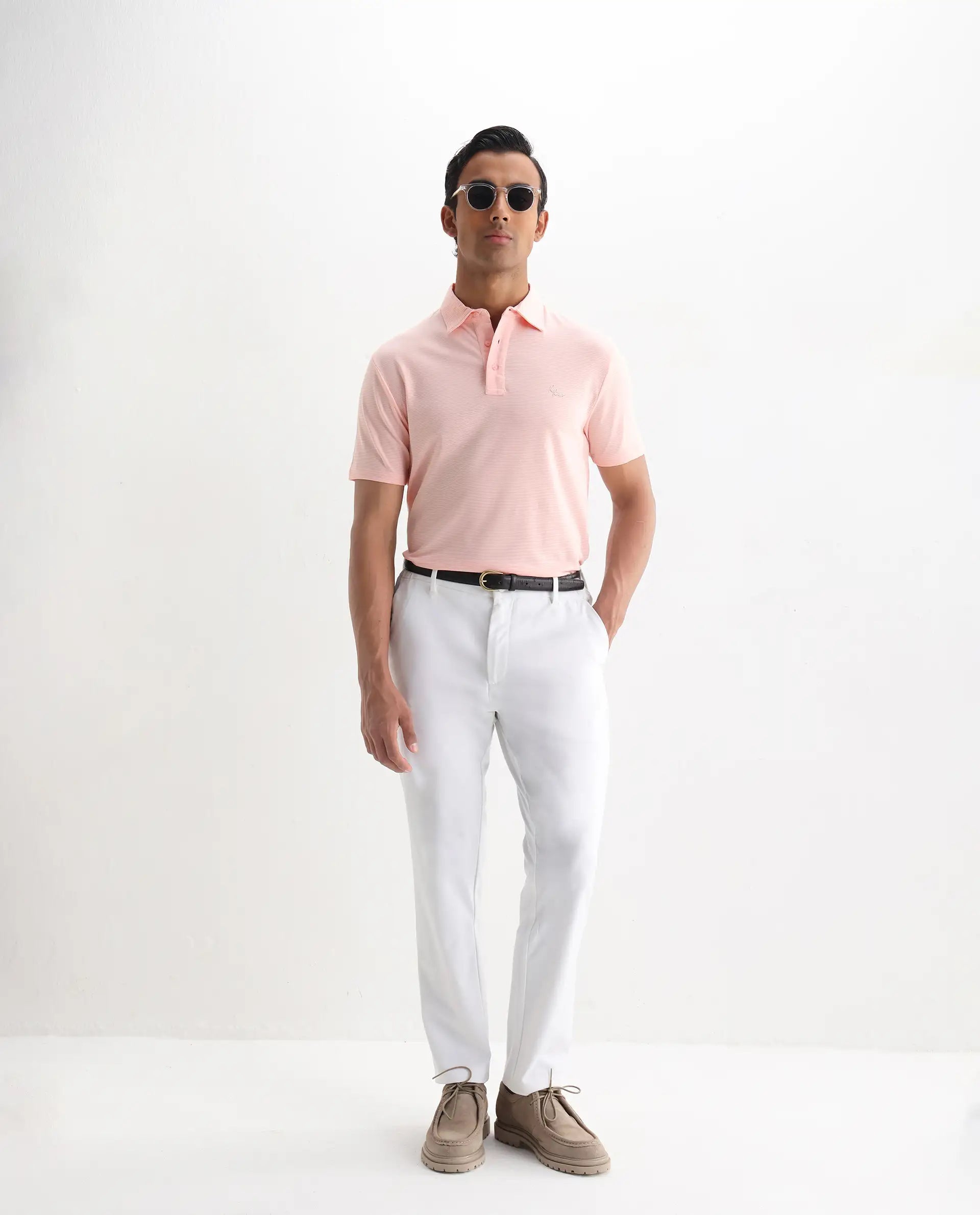 Rare Rabbit Men's Tunas Light Pink Cotton Striped Print Regular Fit Half Sleeve Polo