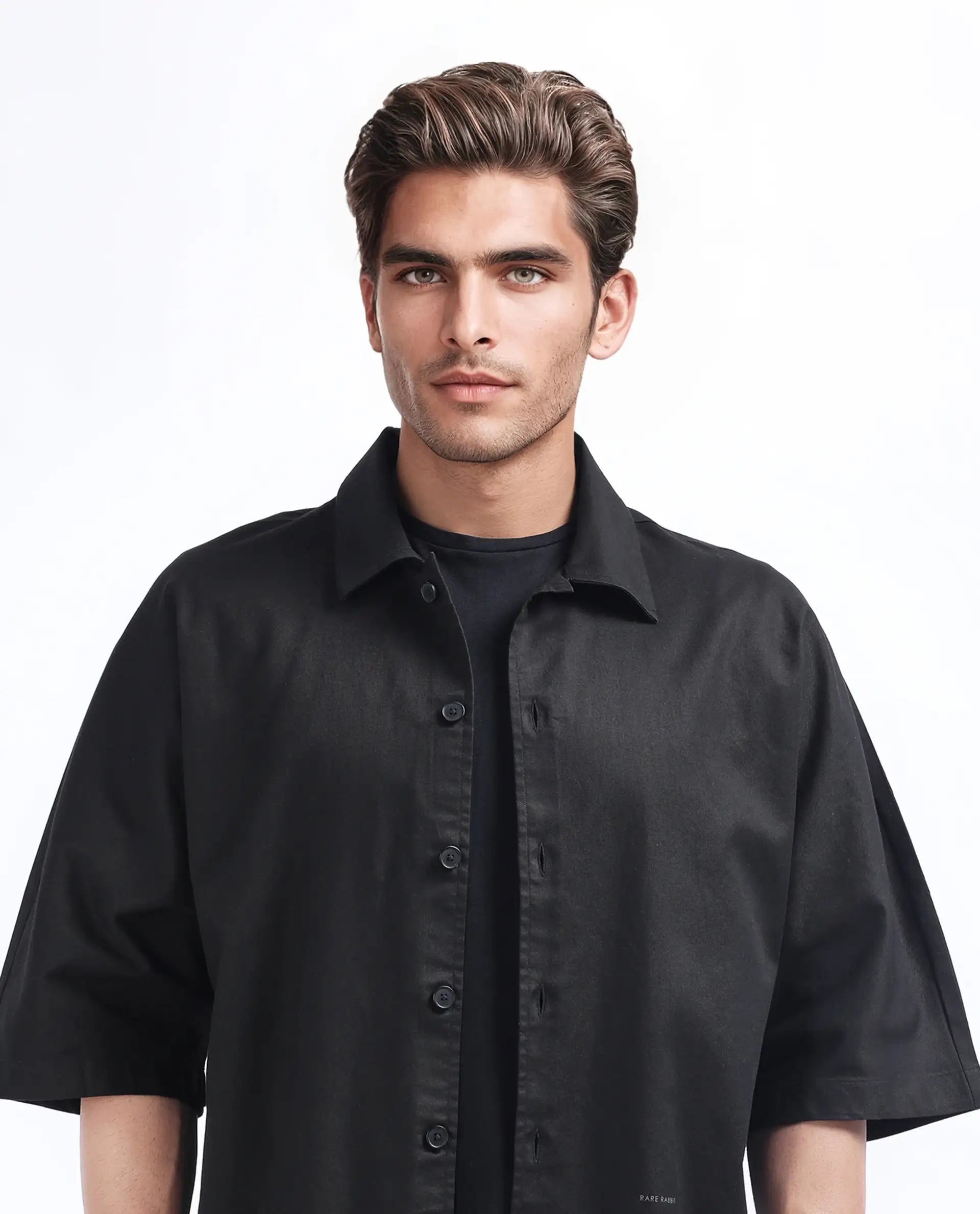 Rare Rabbit Men's Twillt Black Cotton Plain Oversized Fit Full Sleeve Collared Shirt