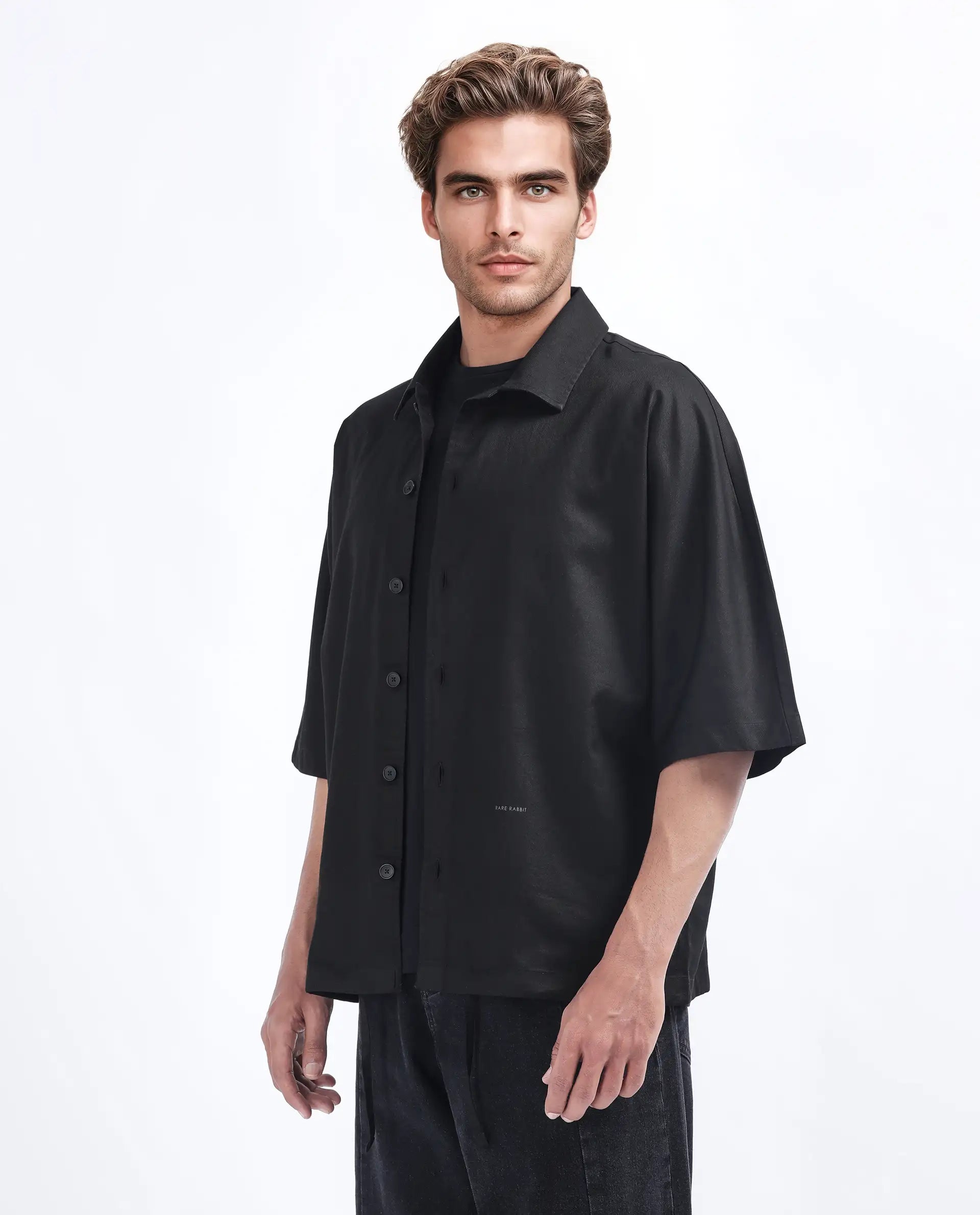 Rare Rabbit Men's Twillt Black Cotton Plain Oversized Fit Full Sleeve Collared Shirt