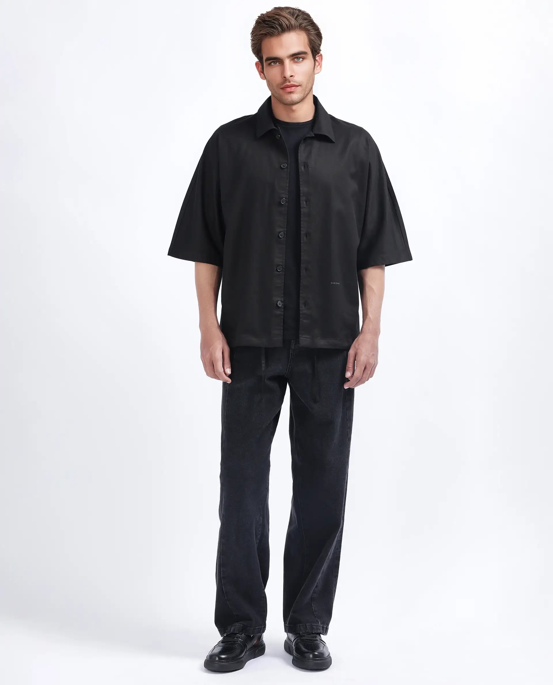 Rare Rabbit Men's Twillt Black Cotton Plain Oversized Fit Full Sleeve Collared Shirt