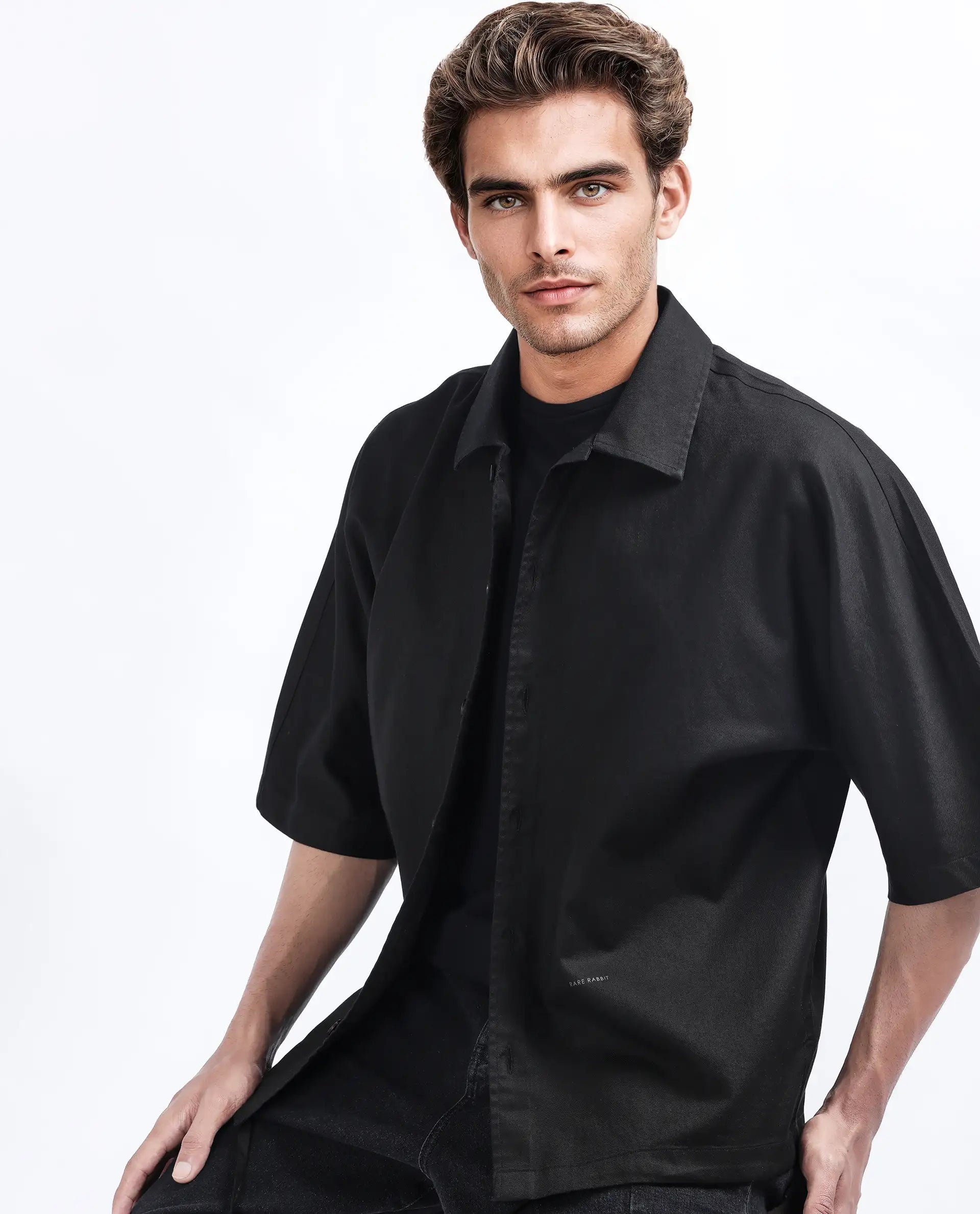 Rare Rabbit Men's Twillt Black Cotton Plain Oversized Fit Full Sleeve Collared Shirt