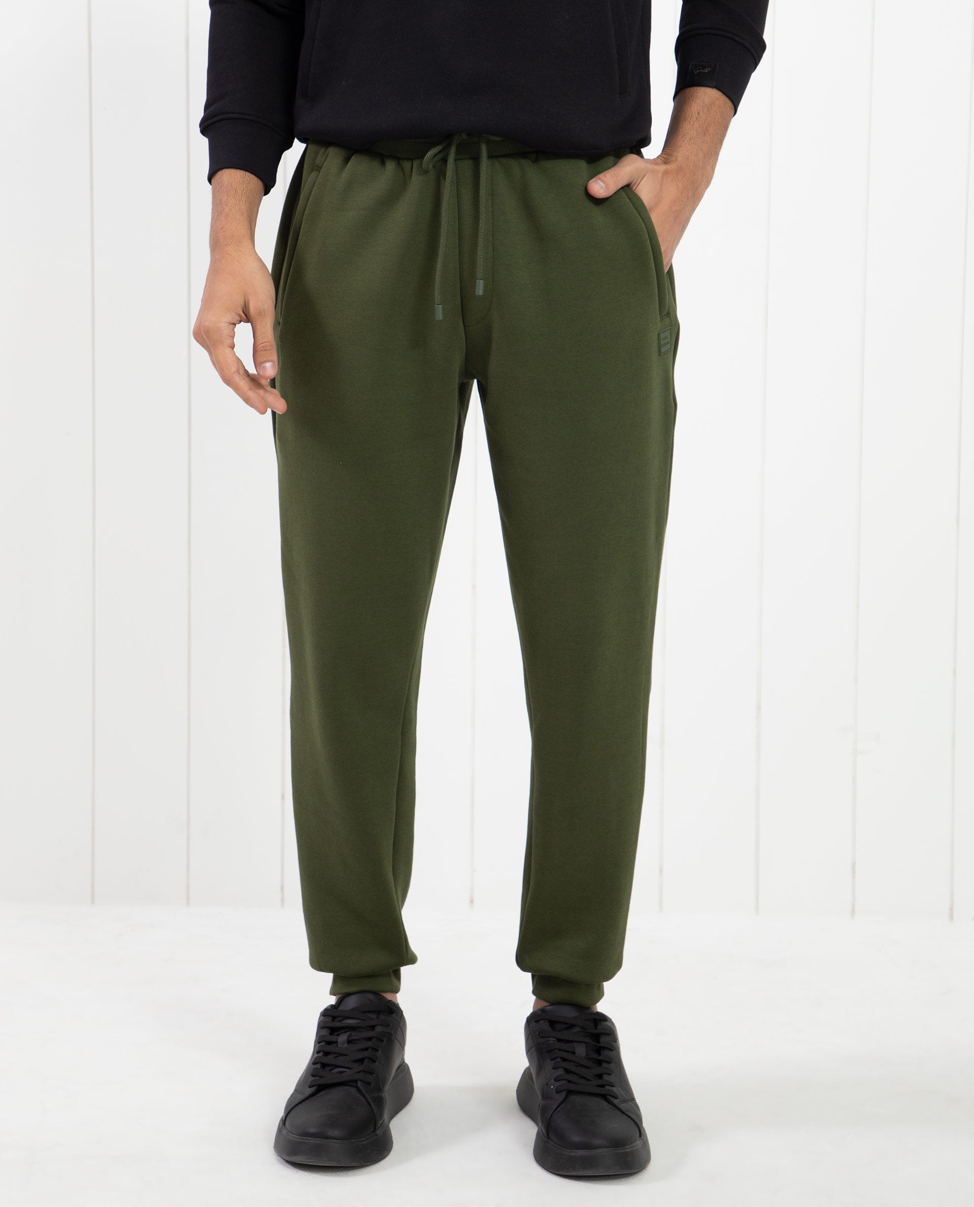 Rare Rabbit Mens Tyrone Olive Cotton Polyester Fabric Drawstring Closure Regular Fit Mid Rise Trackpant