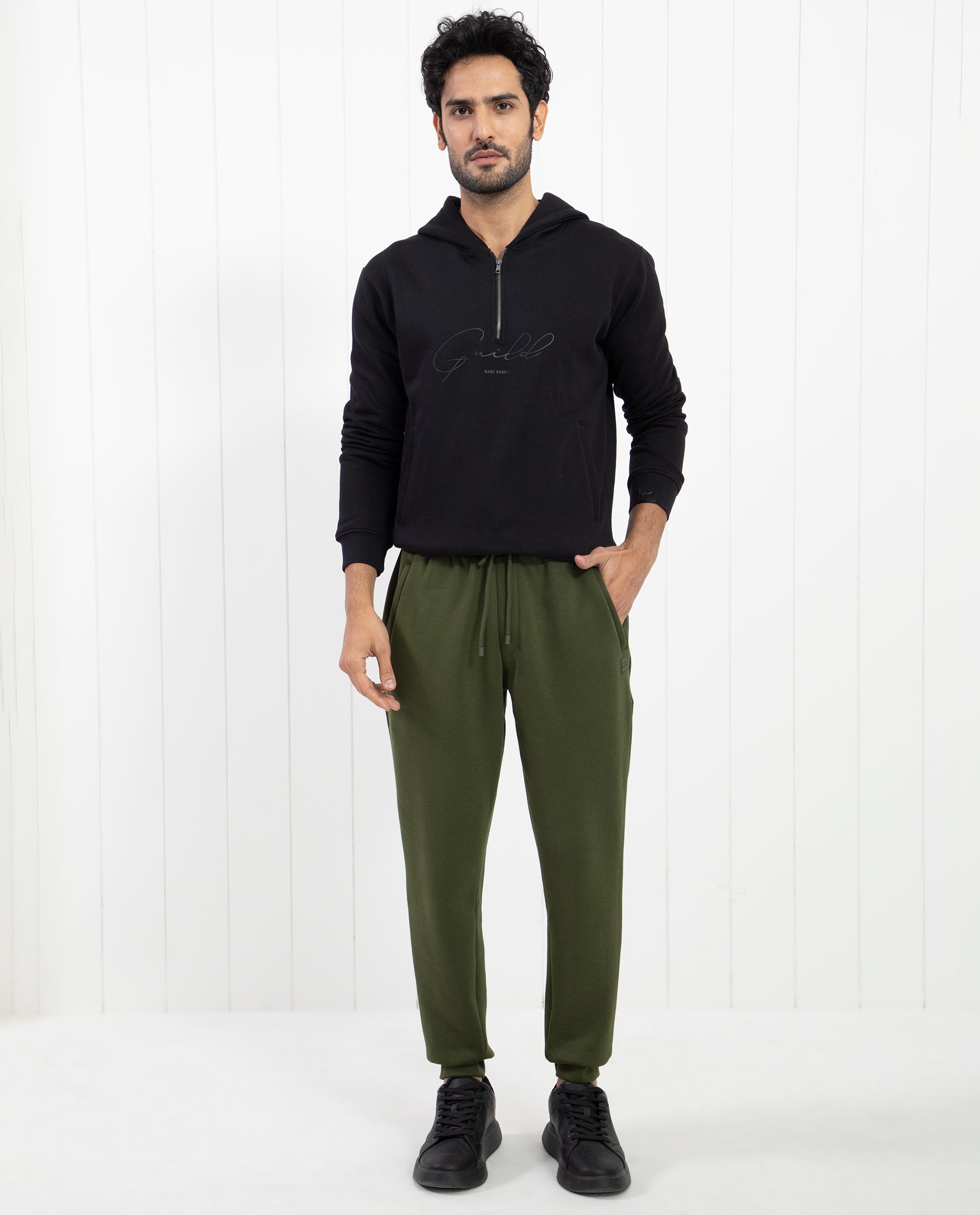 Rare Rabbit Mens Tyrone Olive Cotton Polyester Fabric Drawstring Closure Regular Fit Mid Rise Trackpant