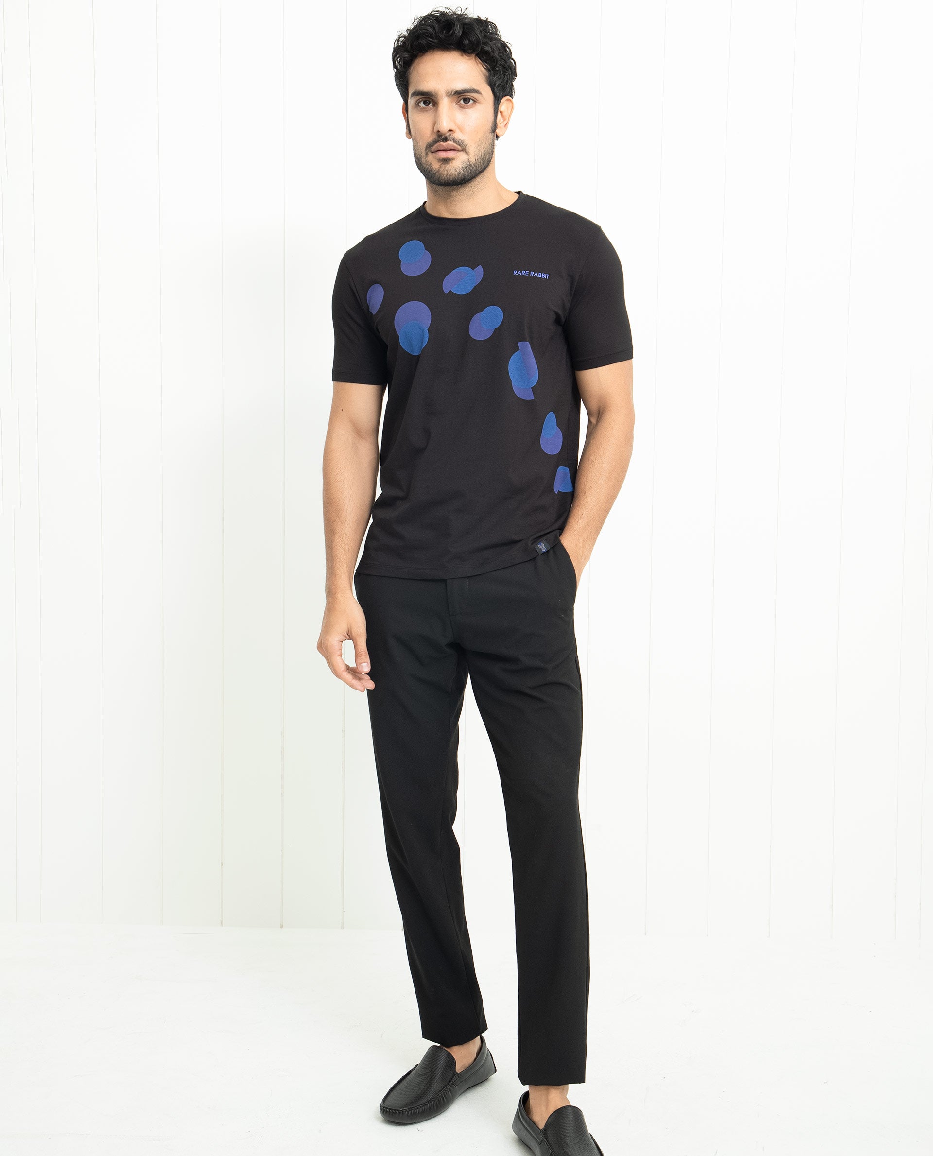 Rare Rabbit Men's Univ Black Crew Neck Half Sleeves Regular Fit Placement Polka Print T-Shirt