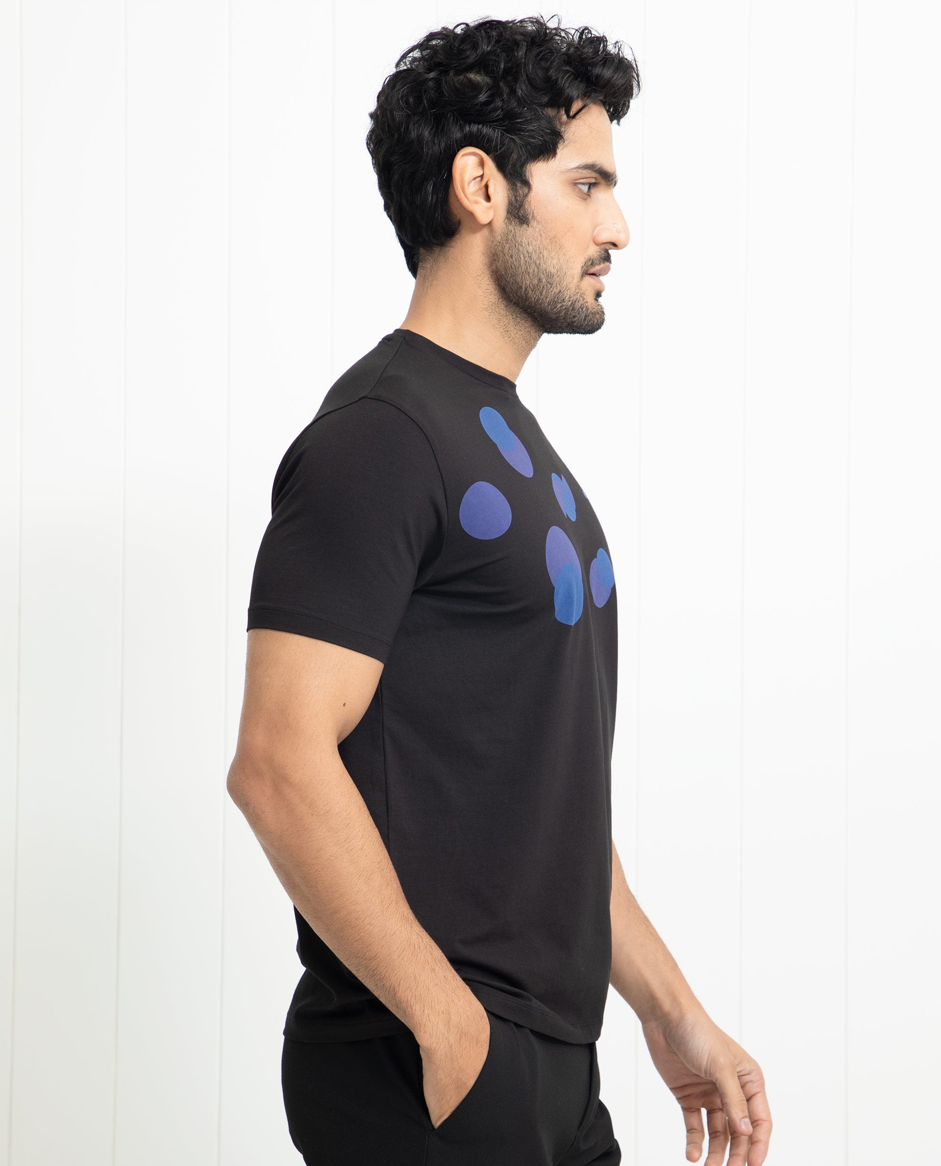 Rare Rabbit Men's Univ Black Crew Neck Half Sleeves Regular Fit Placement Polka Print T-Shirt