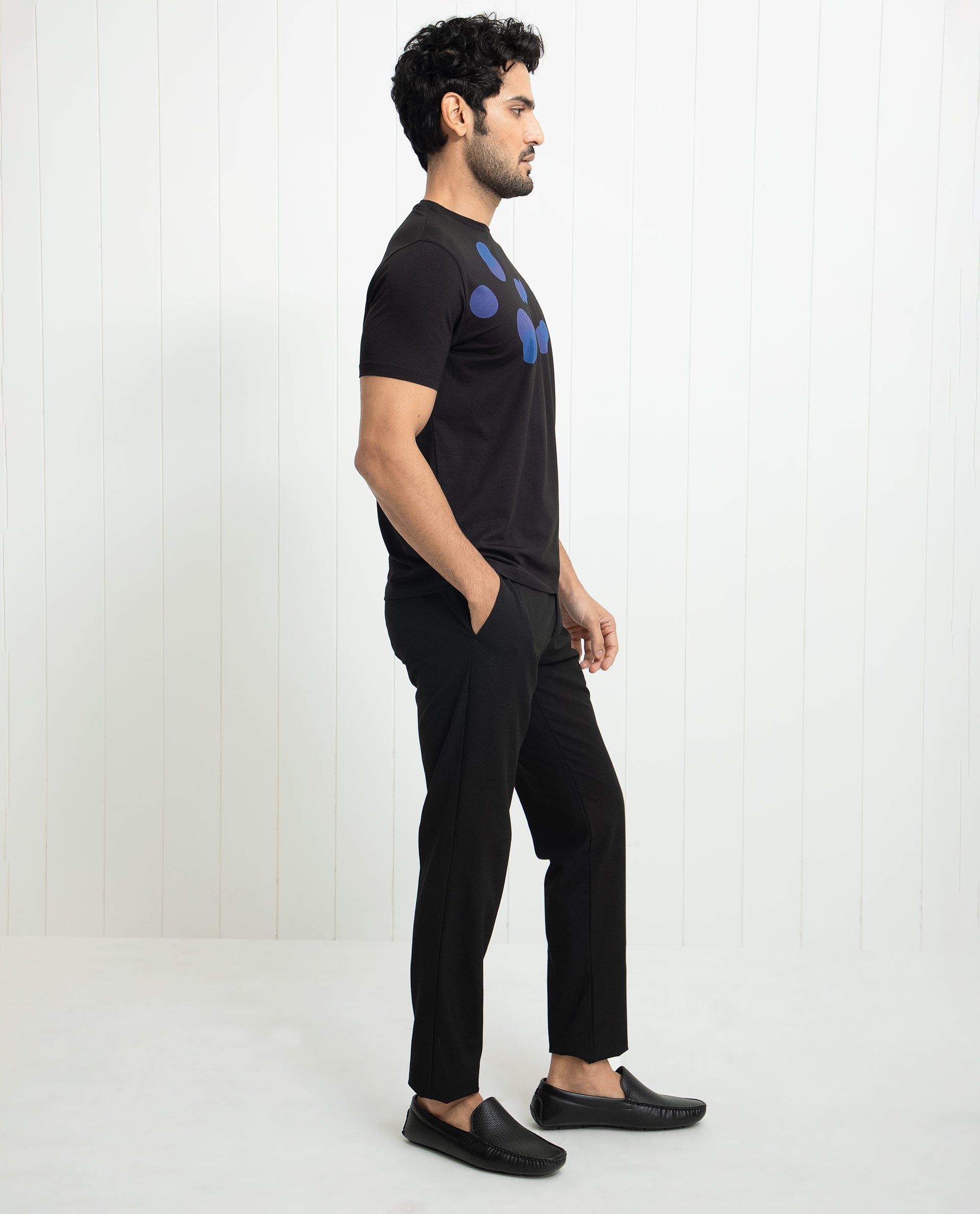 Rare Rabbit Men's Univ Black Crew Neck Half Sleeves Regular Fit Placement Polka Print T-Shirt