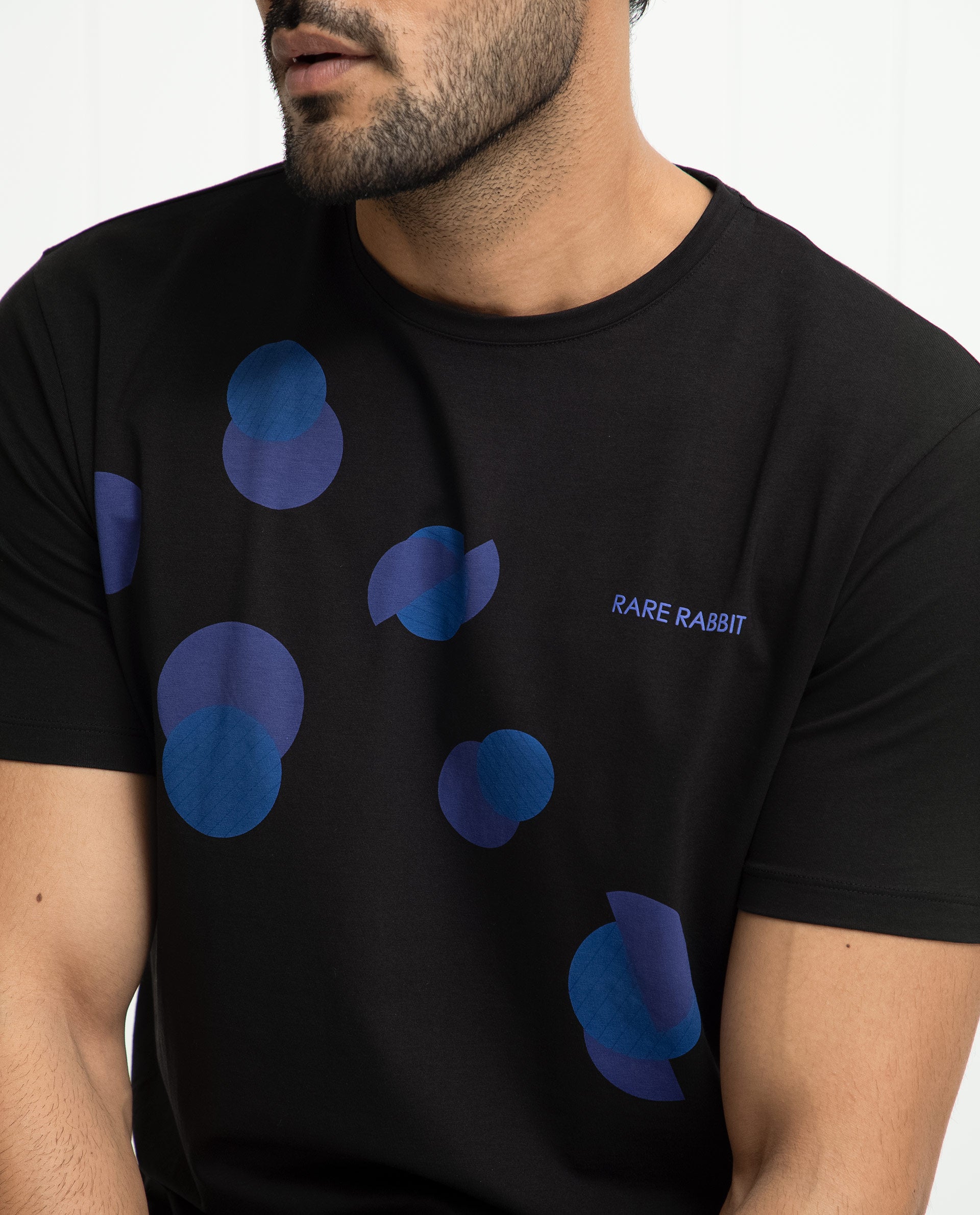 Rare Rabbit Men's Univ Black Crew Neck Half Sleeves Regular Fit Placement Polka Print T-Shirt