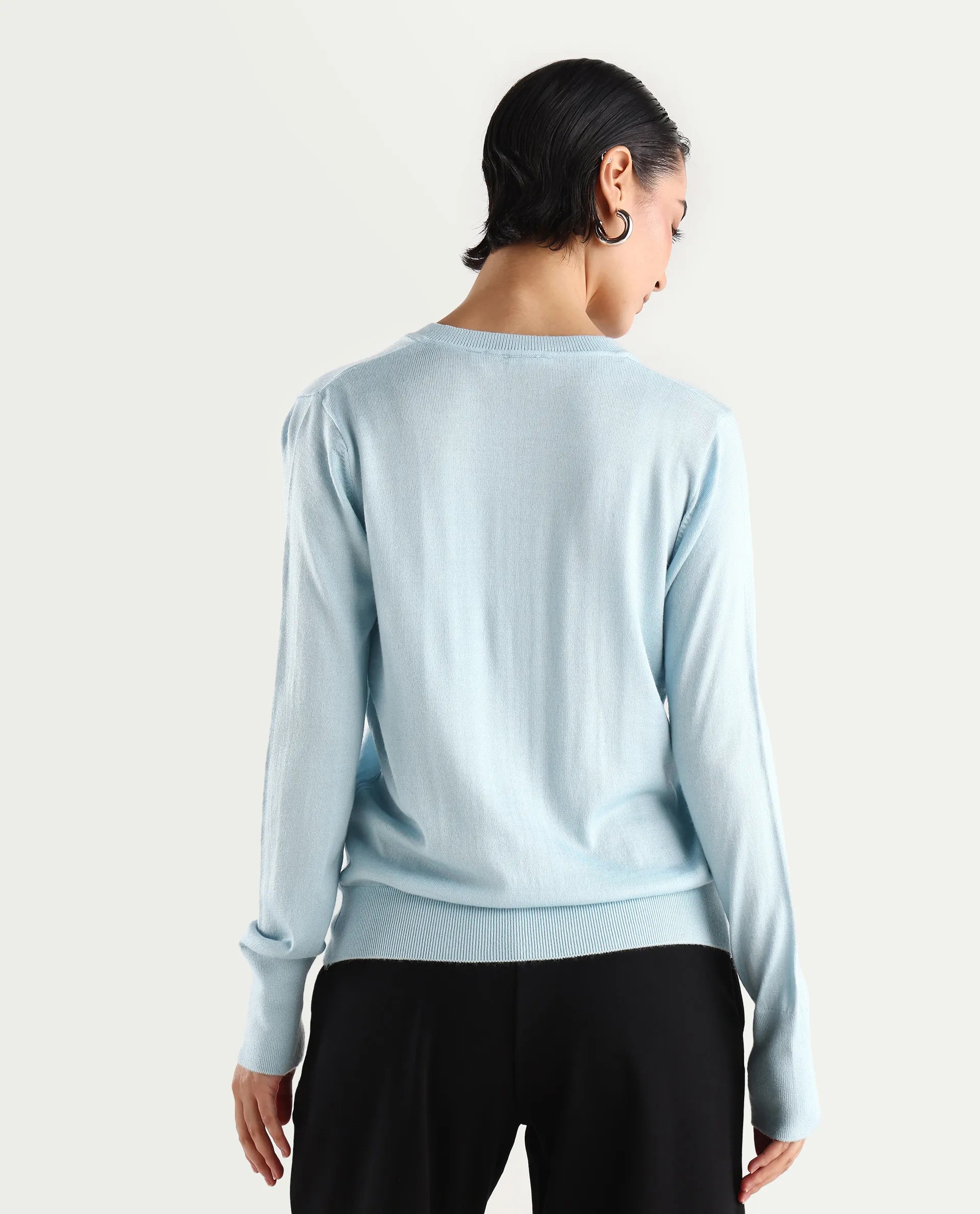 Rareism Women's Usak Light Blue Acrylic V-Neck Plain Regular Fitted Sweater