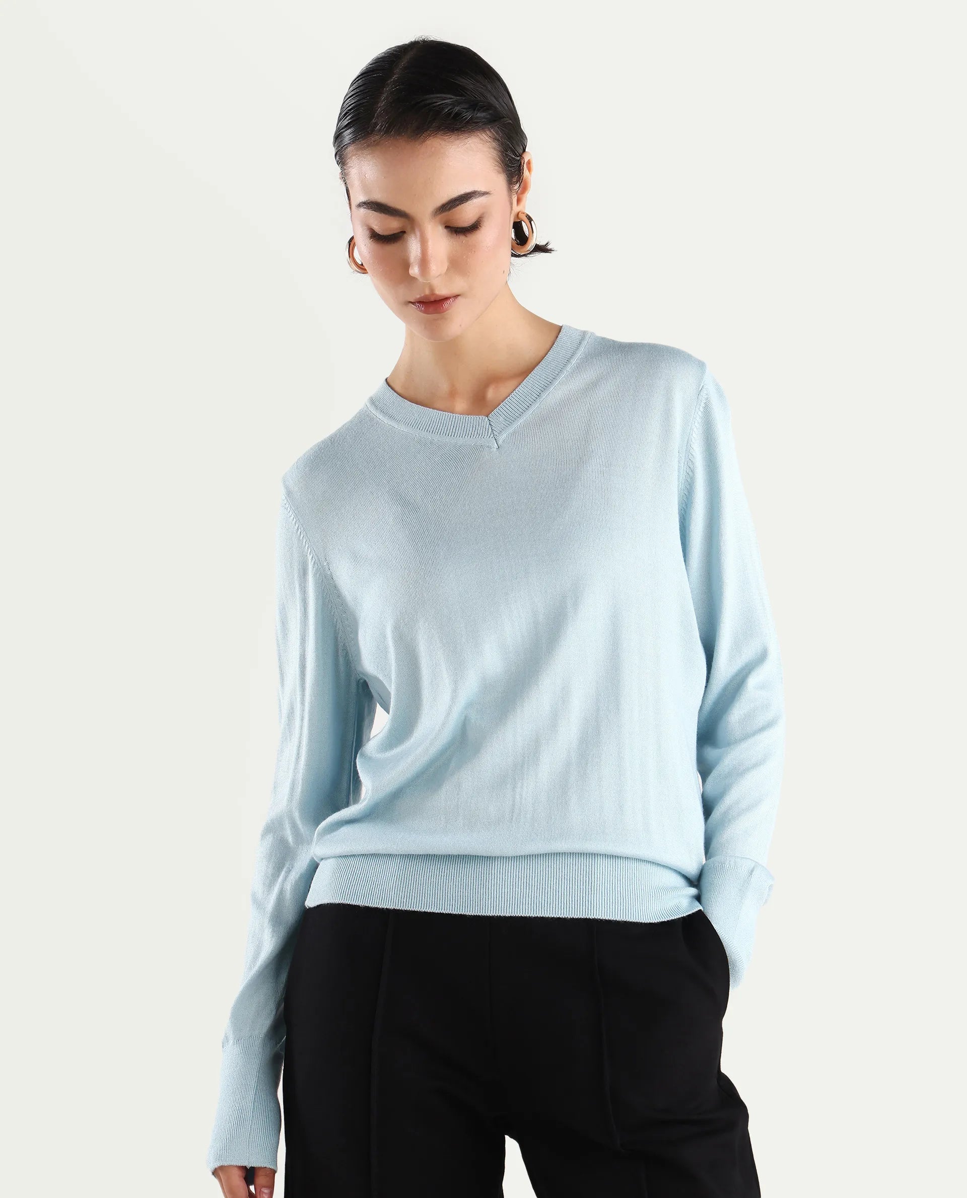 Rareism Women's Usak Light Blue Acrylic V-Neck Plain Regular Fitted Sweater