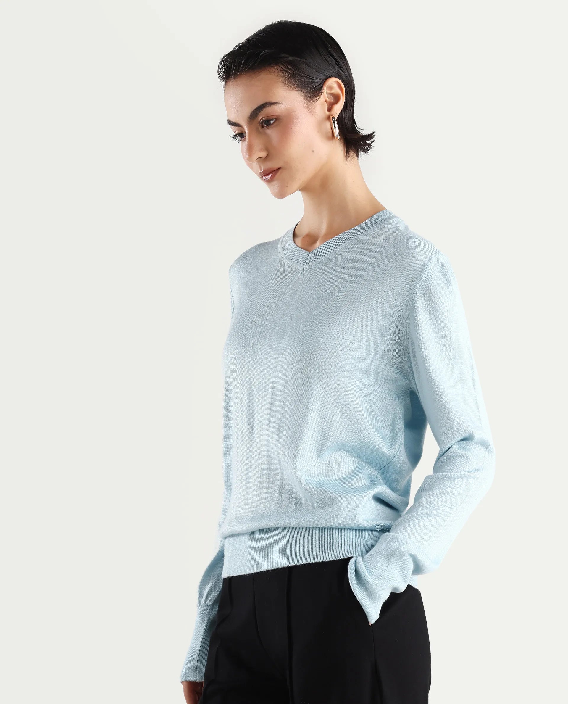 Rareism Women's Usak Light Blue Acrylic V-Neck Plain Regular Fitted Sweater