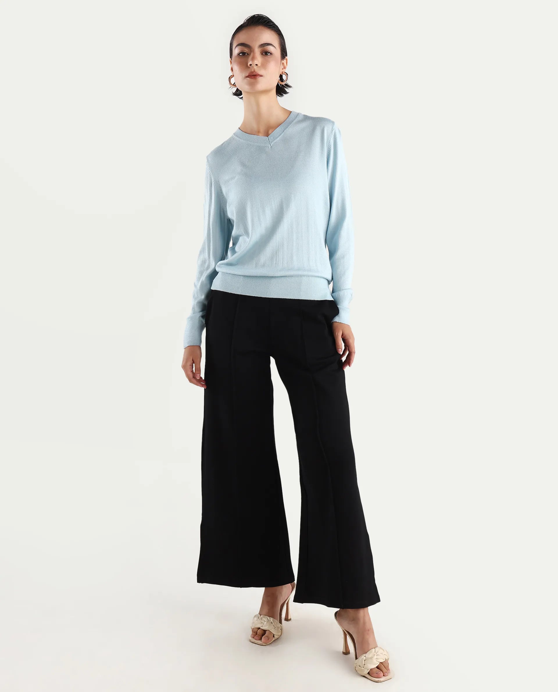 Rareism Women's Usak Light Blue Acrylic V-Neck Plain Regular Fitted Sweater