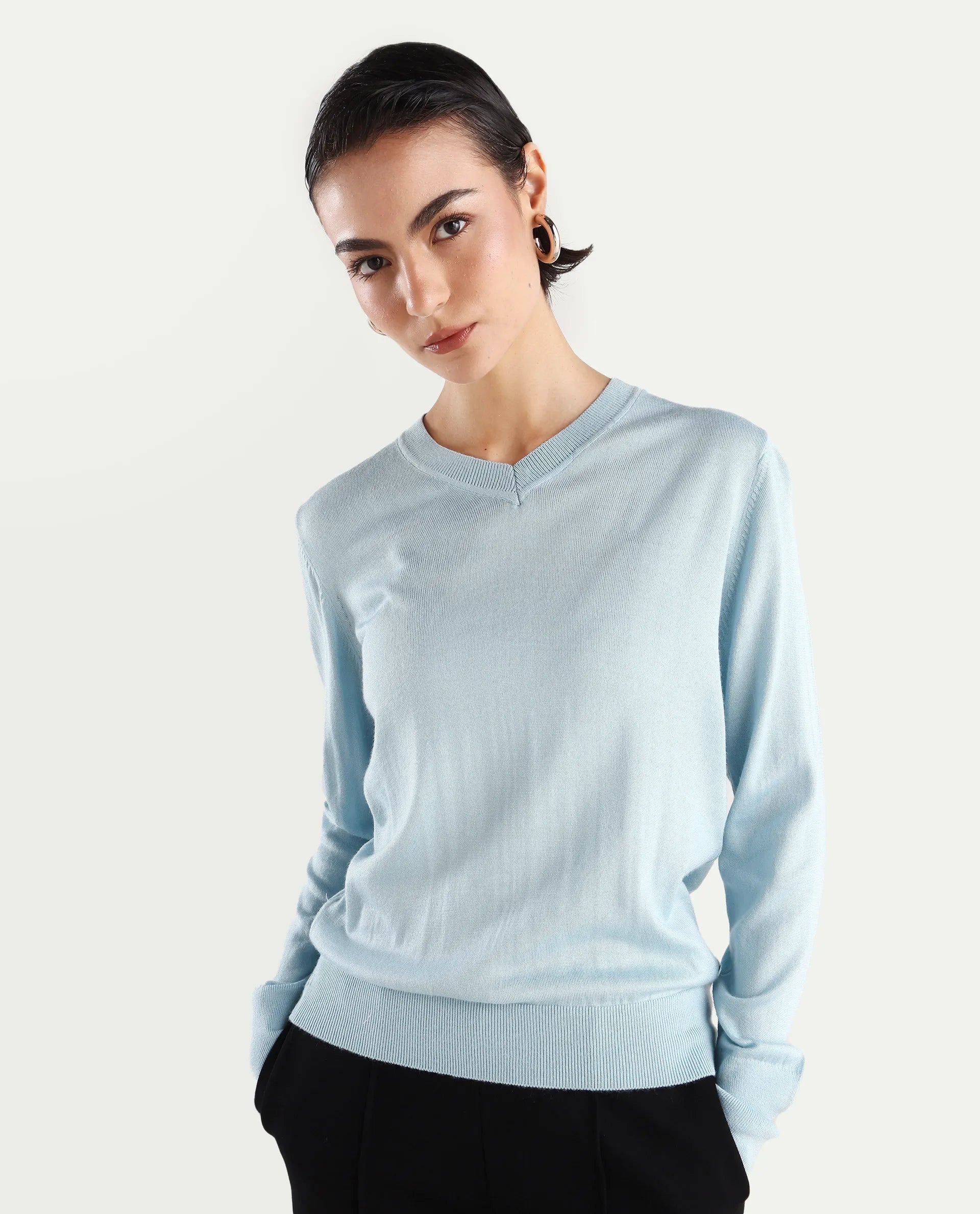 Rareism Women's Usak Light Blue Acrylic V-Neck Plain Regular Fitted Sweater
