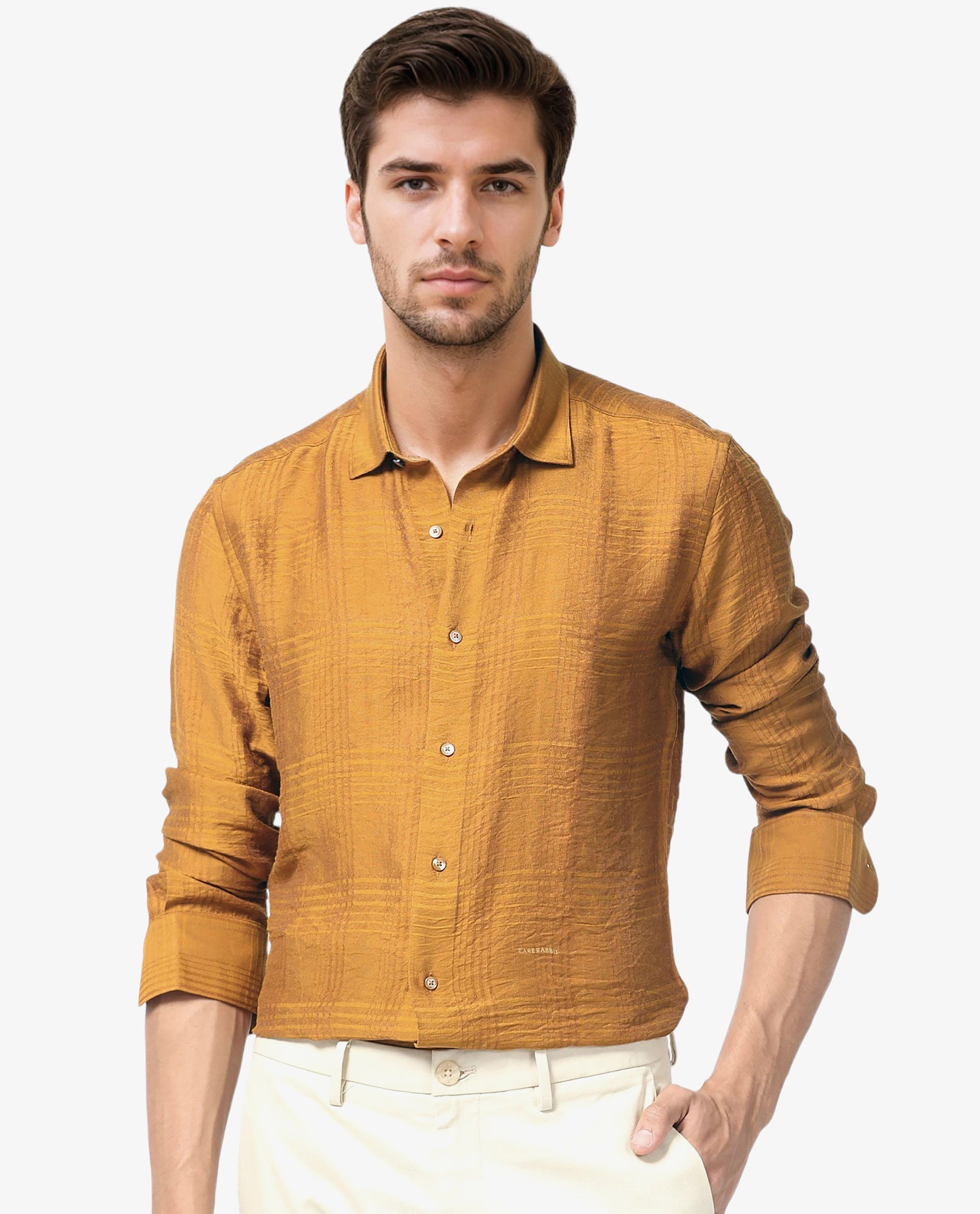 Rare Rabbit Men's Vagen Mustard Viscose Nylon Fabric Full Sleeves Checks Shirt