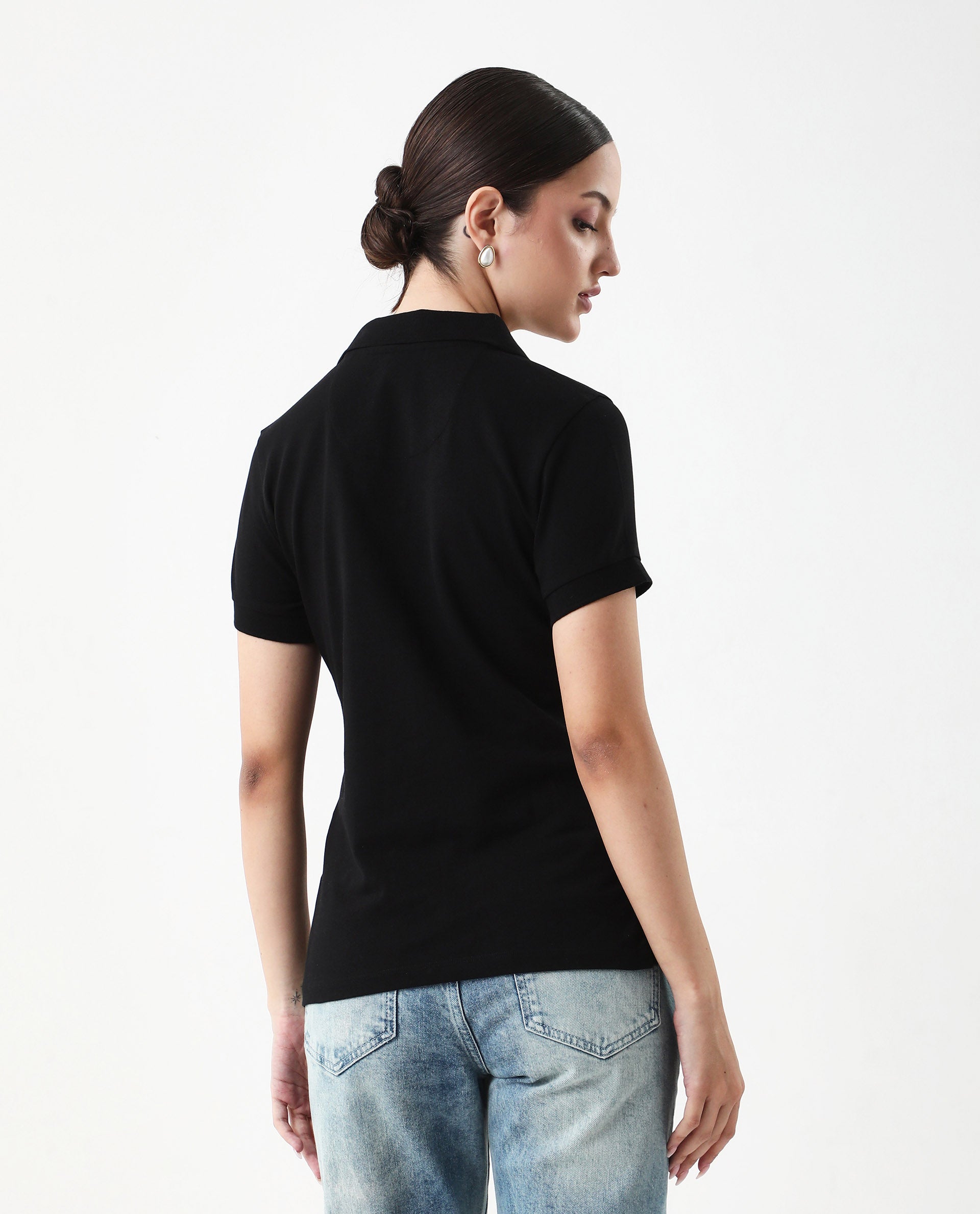 Rareism Women's Van Black Cotton Blend Polo Neck Plain Regular Fit Polo