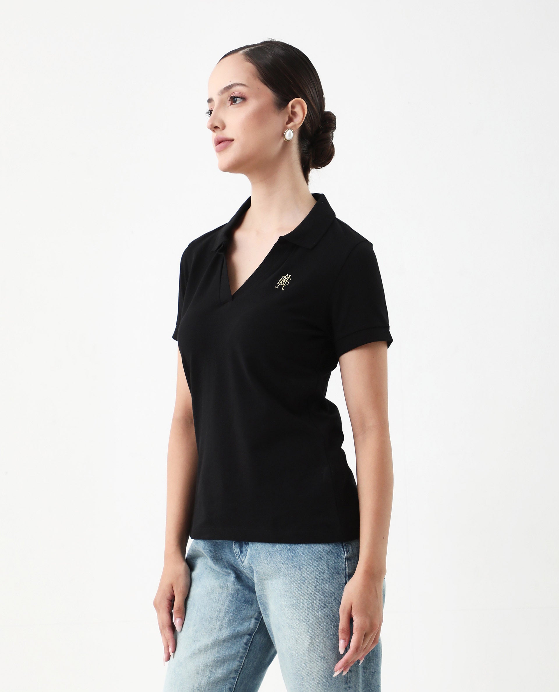 Rareism Women's Van Black Cotton Blend Polo Neck Plain Regular Fit Polo