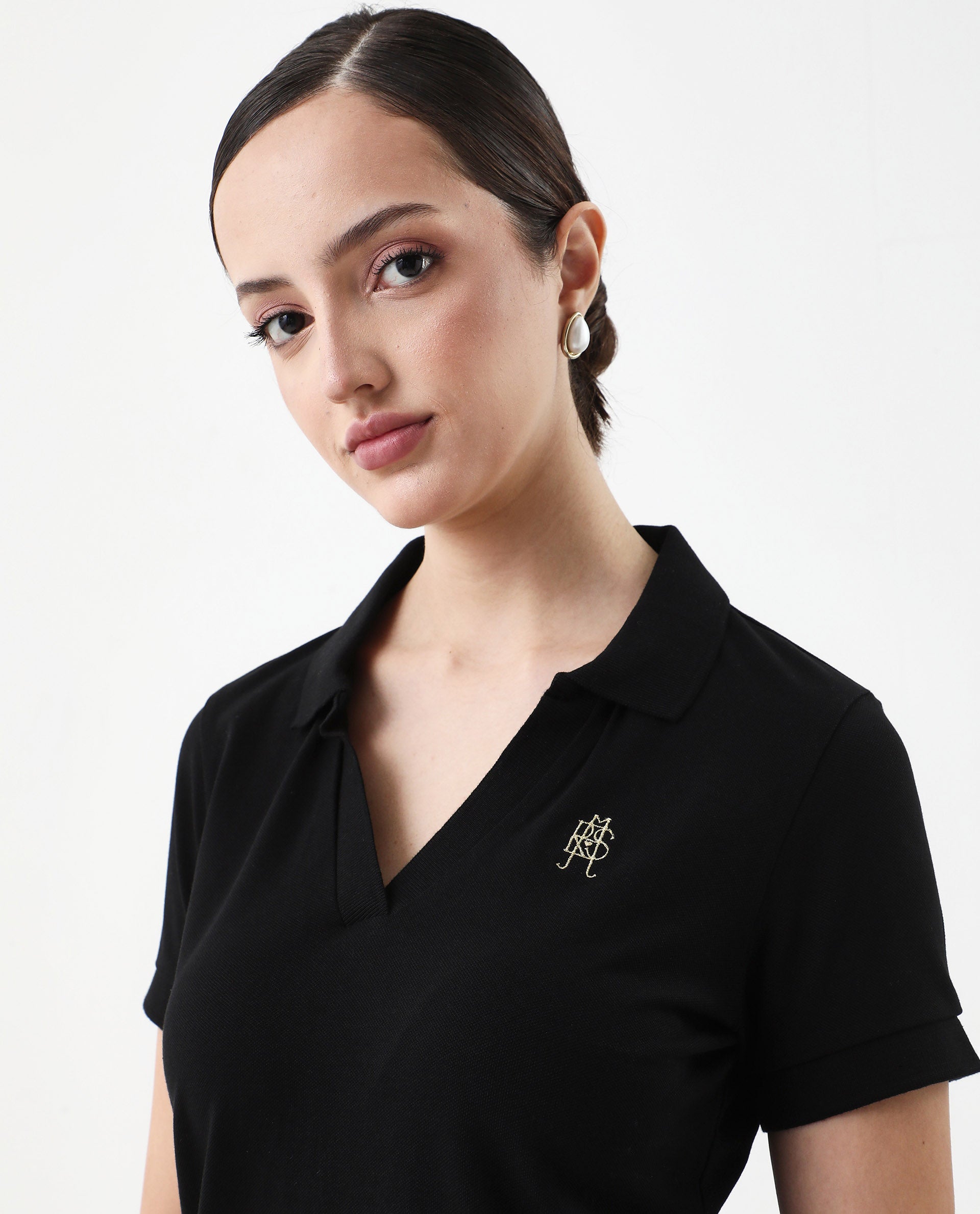 Rareism Women's Van Black Cotton Blend Polo Neck Plain Regular Fit Polo