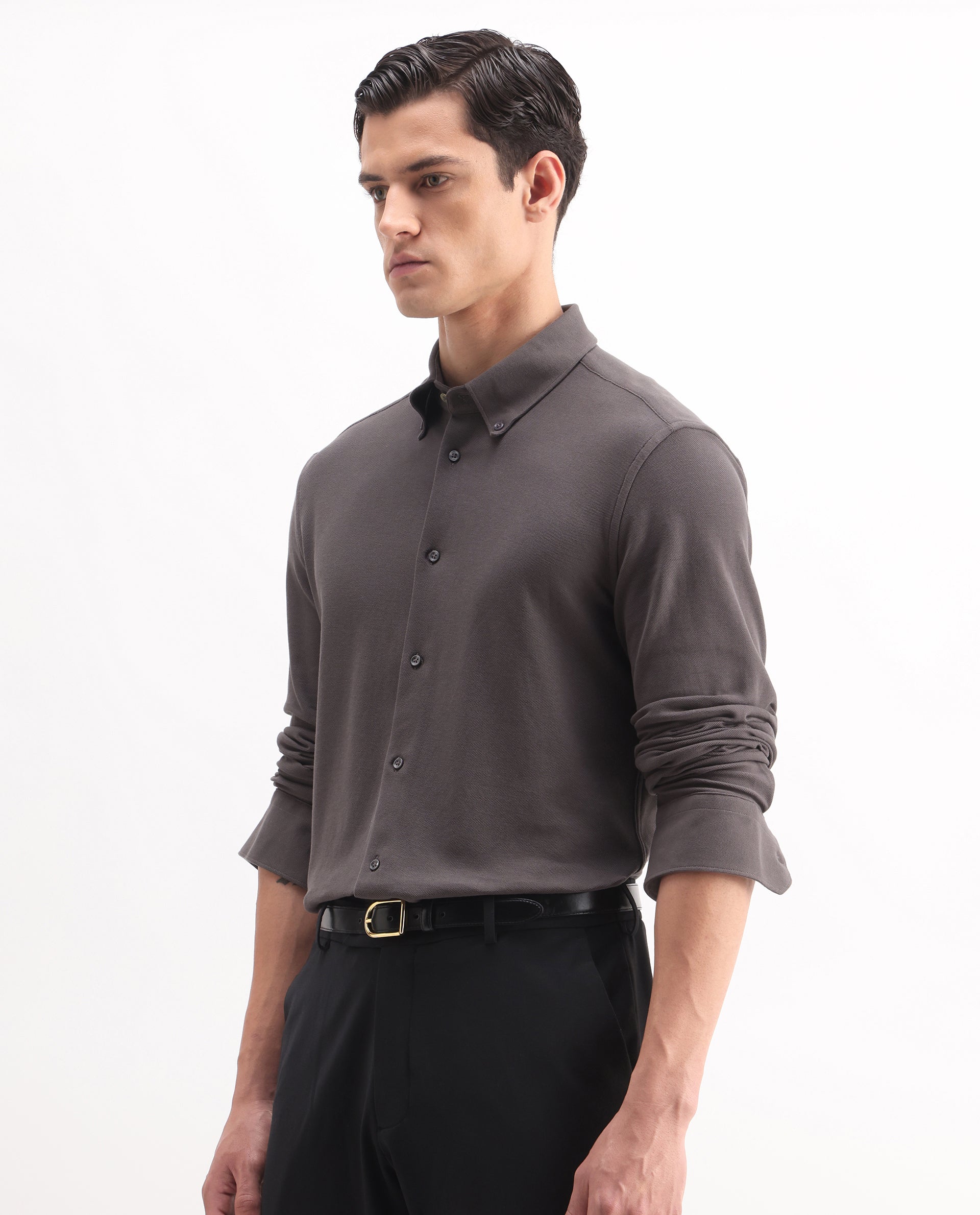 Rare Rabbit Men's Vane-25 Dusky Brown Cotton Plain Regular Fit Full Sleeve Button-Down Collar Shirt