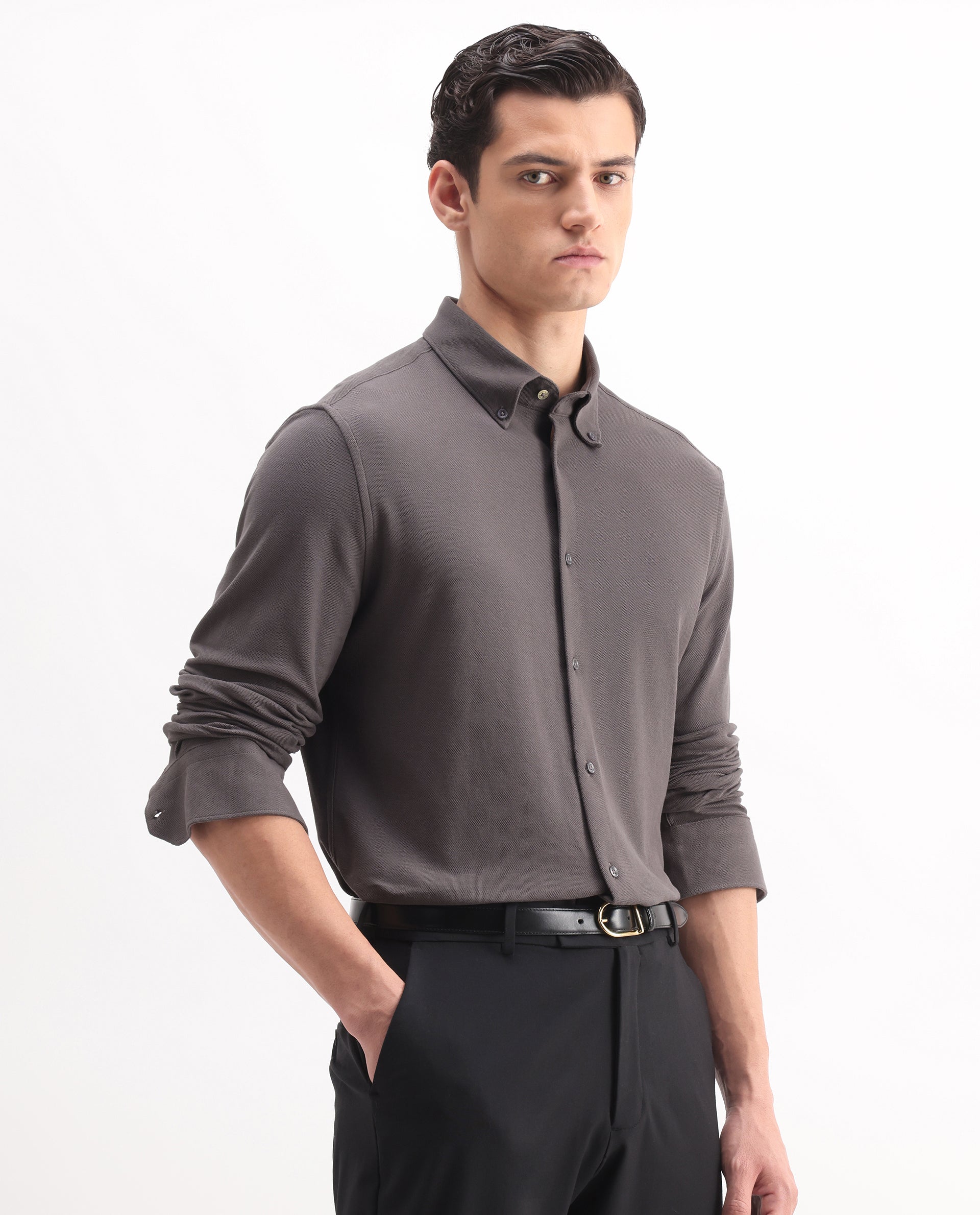 Rare Rabbit Men's Vane-25 Dusky Brown Cotton Plain Regular Fit Full Sleeve Button-Down Collar Shirt