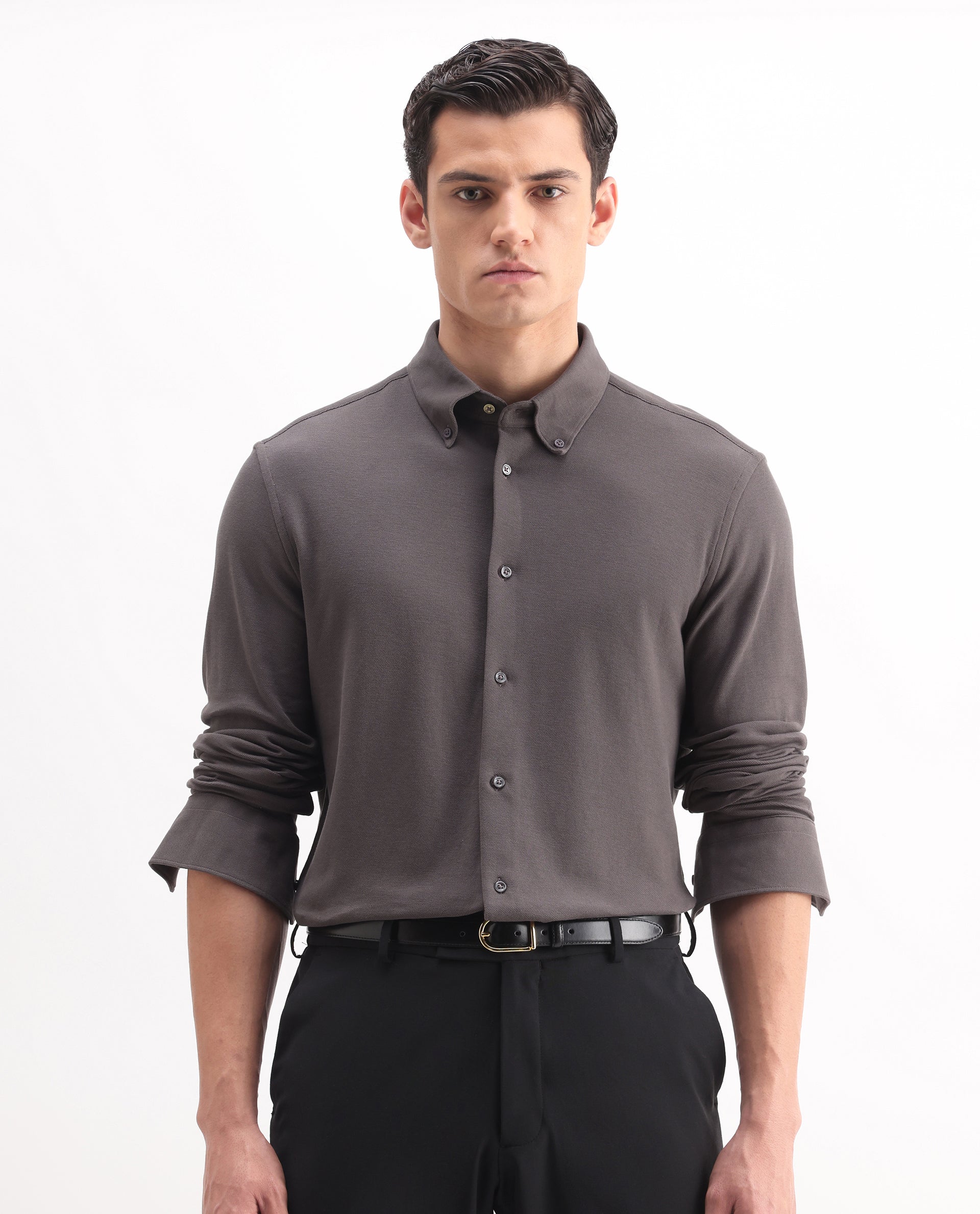 Rare Rabbit Men's Vane-25 Dusky Brown Cotton Plain Regular Fit Full Sleeve Button-Down Collar Shirt