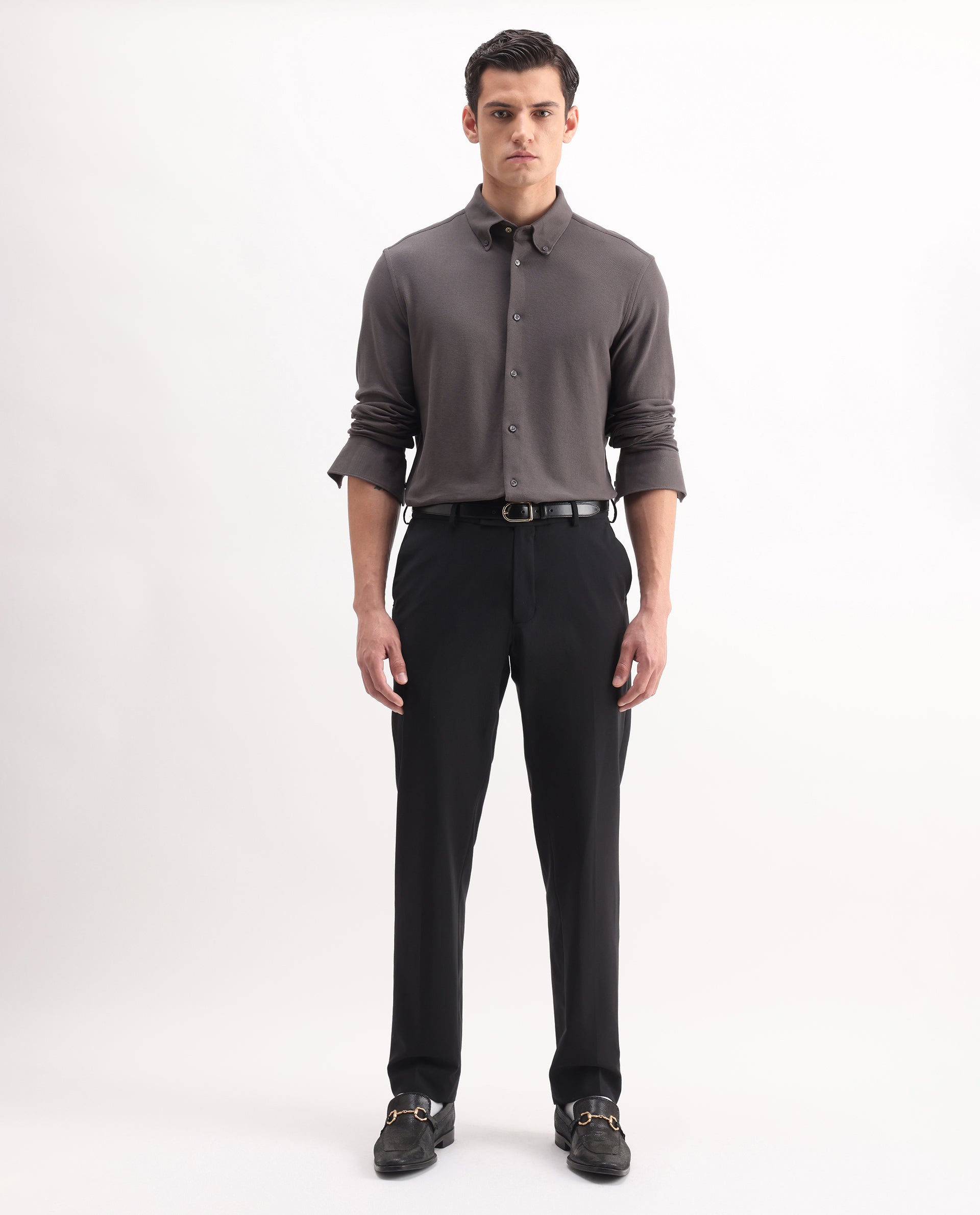 Rare Rabbit Men's Vane-25 Dusky Brown Cotton Plain Regular Fit Full Sleeve Button-Down Collar Shirt