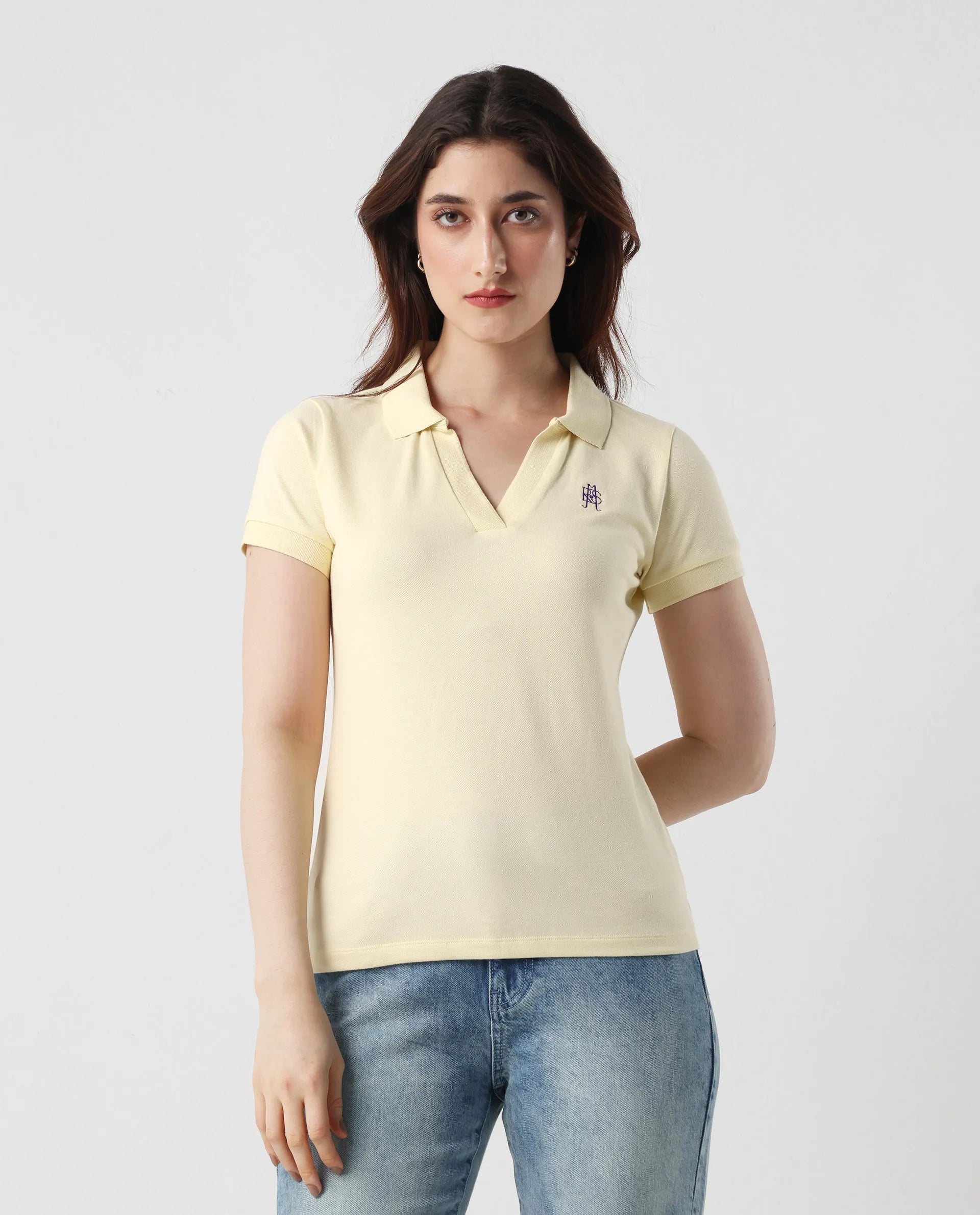 Rareism Women's Van Light Yellow Cotton Blend Polo Neck Plain Regular Fit Polo